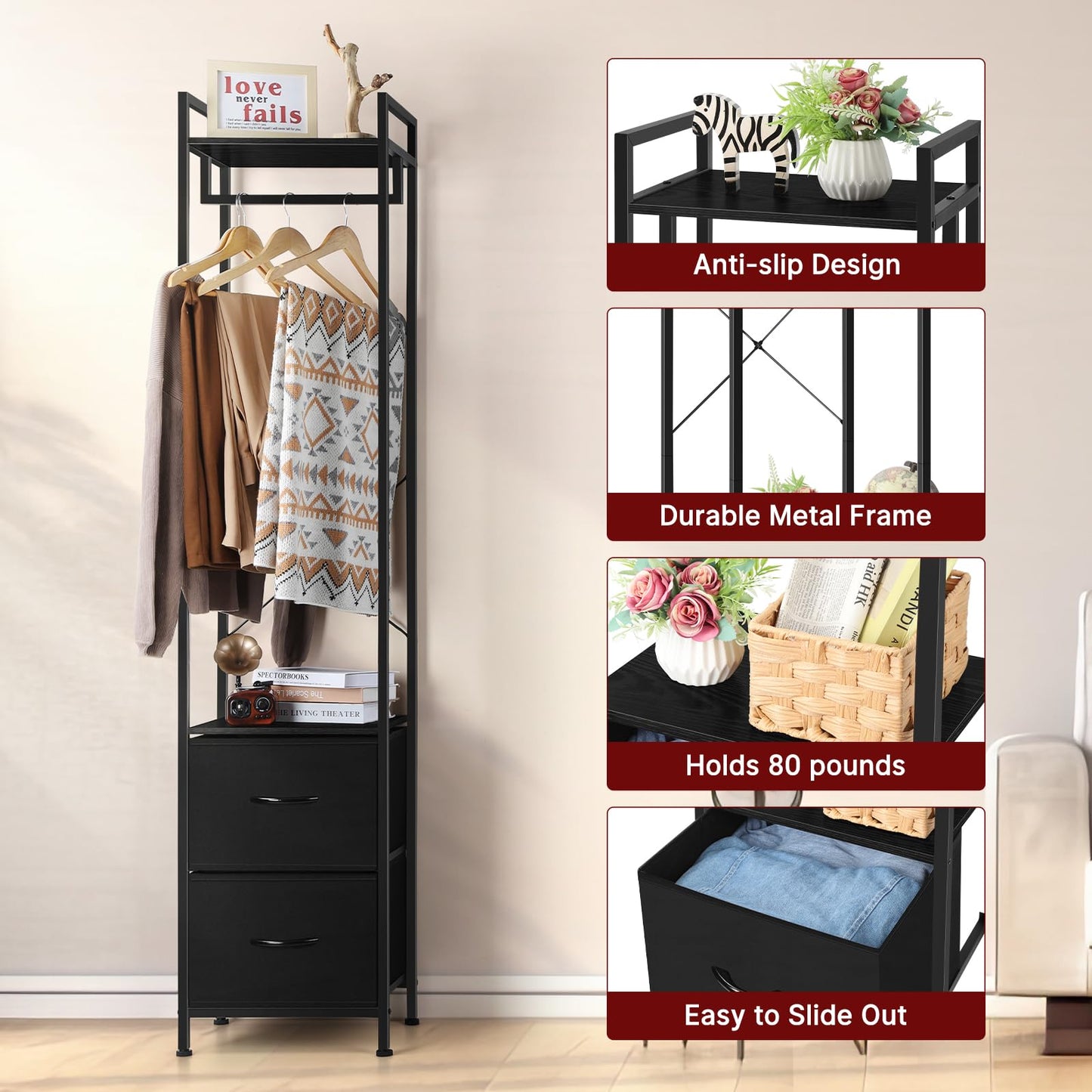 smusei Clothes Rack 3 Tiers Heavy Duty Coat Rack with 2 Fabric Drawers and Storage Shelves Freestanding Cloth Hanger Garment Rack for Bedroom Entryway Living room Black