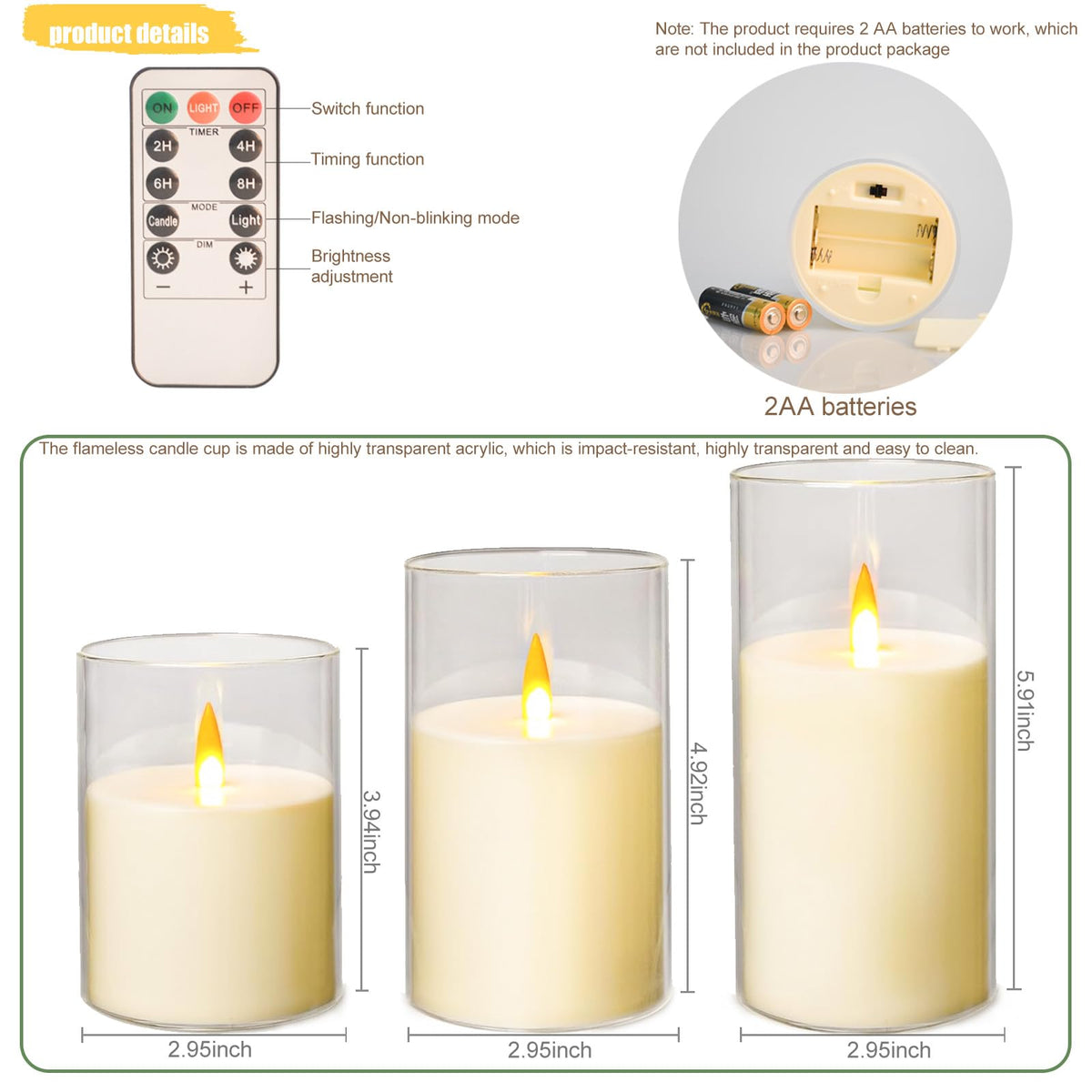Eynshoo Flameless Candles with Remote&Timer - Realistic 3D Flickering Flame LED Battery Operated Candles, Warm White Light for Home Decor, Christmas, Wedding, Party, and Holiday Decoration