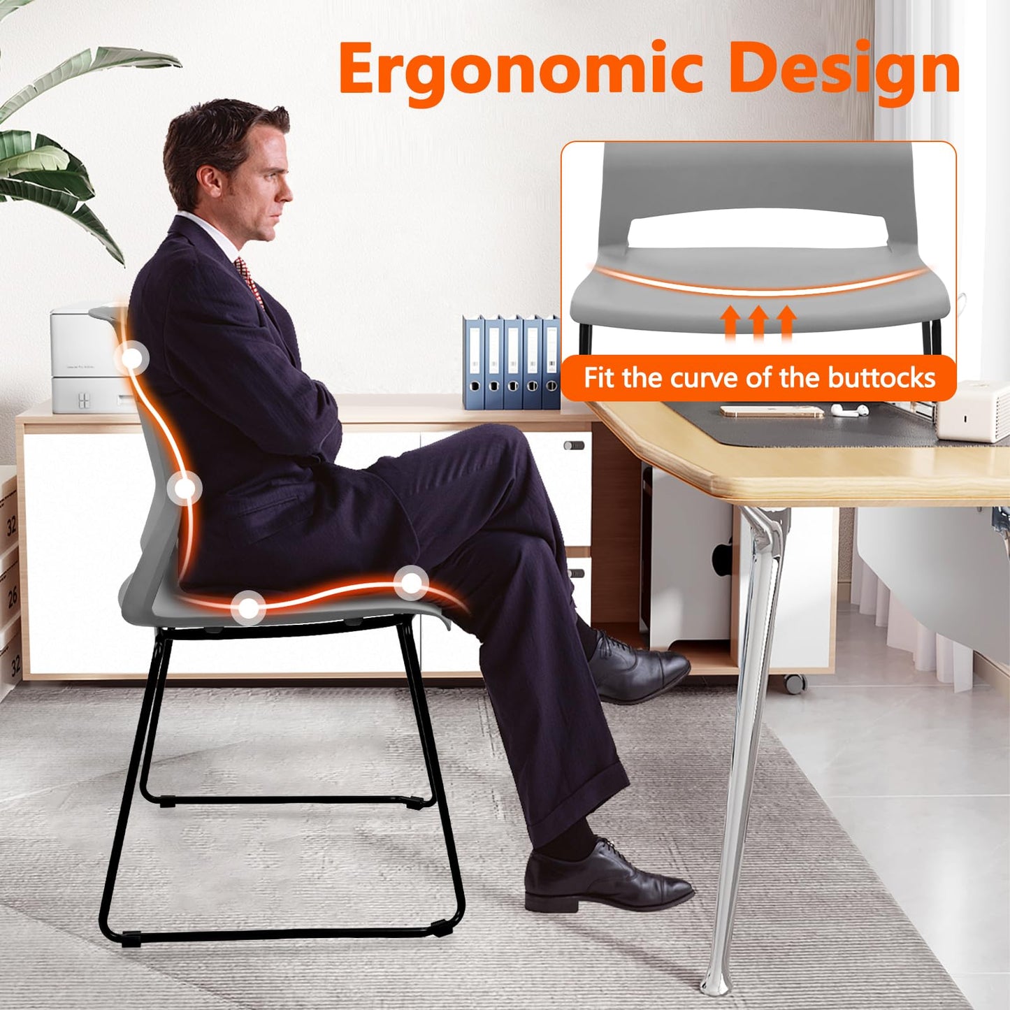 KLASIKA Stackable Guest Reception Chairs, Stacking Office Chair with Ergonomic Lumbar Support & Metal Legs, Plastic Desk Chairs for Conference School Church Waiting Meeting Break Room Set of 4, Gray
