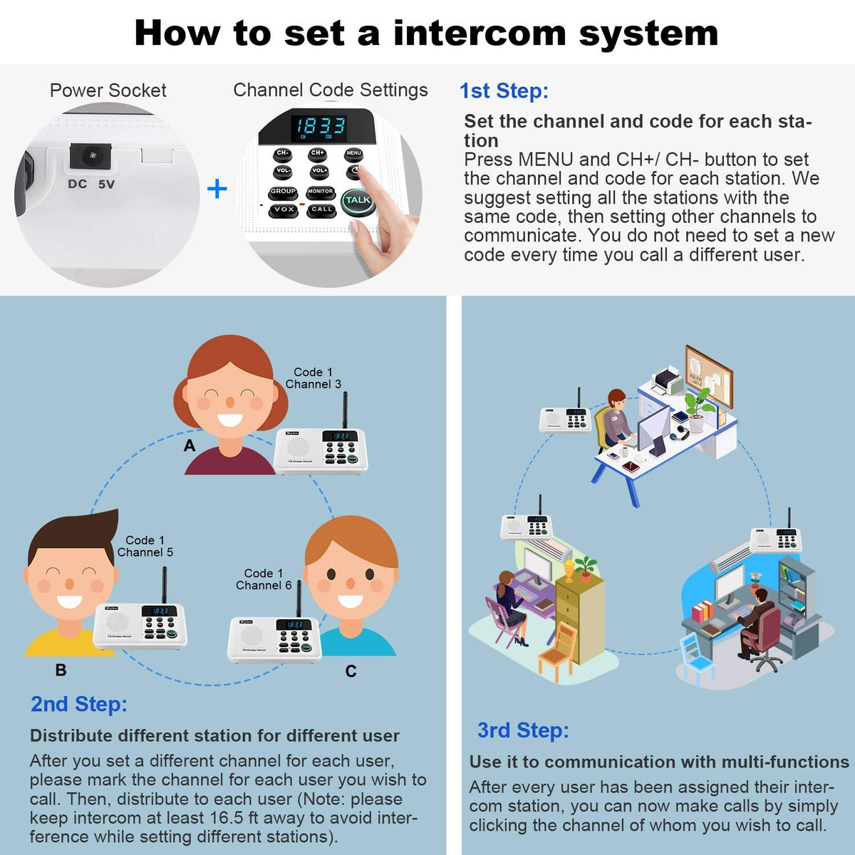 Wuloo Intercoms Wireless for Home 1 Mile Range 22 Channel 100 Digital Code Display Screen, Wireless Intercom System for Home House Business Office, Room to Room Intercom Communication (6 Packs, White)