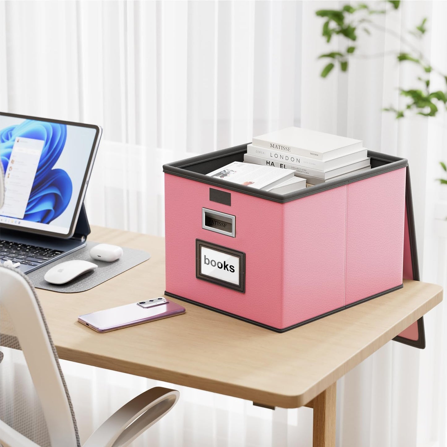 Huolewa File Organizer Box with Lid, Collapsible Leather File Folder Organizer for Office Document Storage, Filing Box with Plastic Slide for Letter/Legal Size Hanging Files, Pink