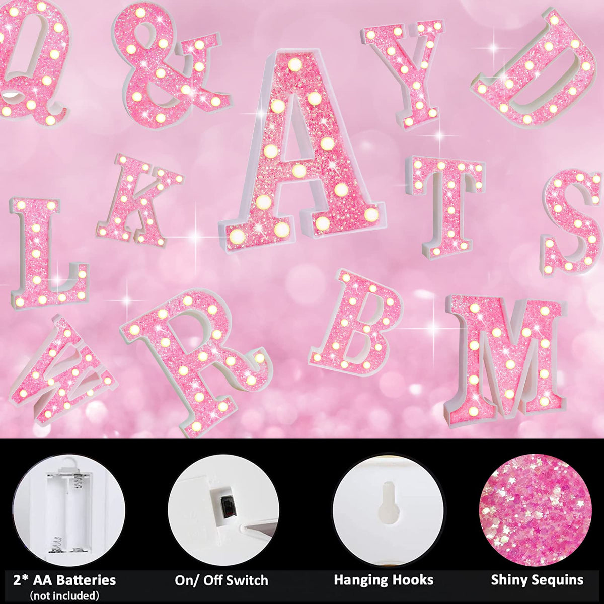 Pink Light Up Letters, Glitter Alphabet Letter Sign LED Marquee Letter Lights Battery Powered for Night Light Girls Bedroom Birthday Party Wedding Home Christmas Decorations Gift for Her-Pink N