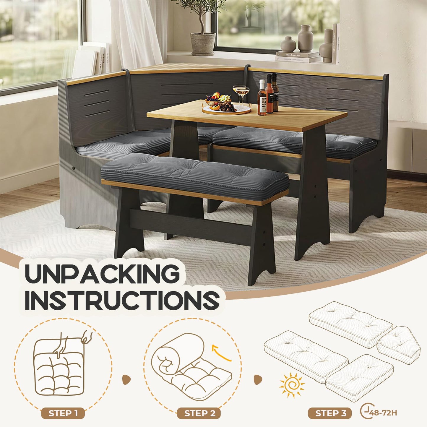 CEAWTUMY Breakfast Nook Cushion Set, 4 Pcs Comfortable Corduroy Nooks Bench Cushions, Non-Slip Anti-Shift Kitchen Nook Cushion for Dining Corner(Grey)