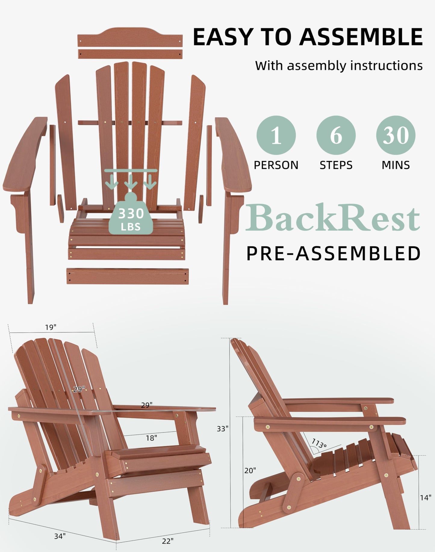 Wood-Natrl Oversized Wooden Folding Adirondack Chair with Pre-Assembled Backrest and Seat Board, Lounge Chair for Outdoor Patio Garden Lawn Backyard Firepit Deck Pool Beach