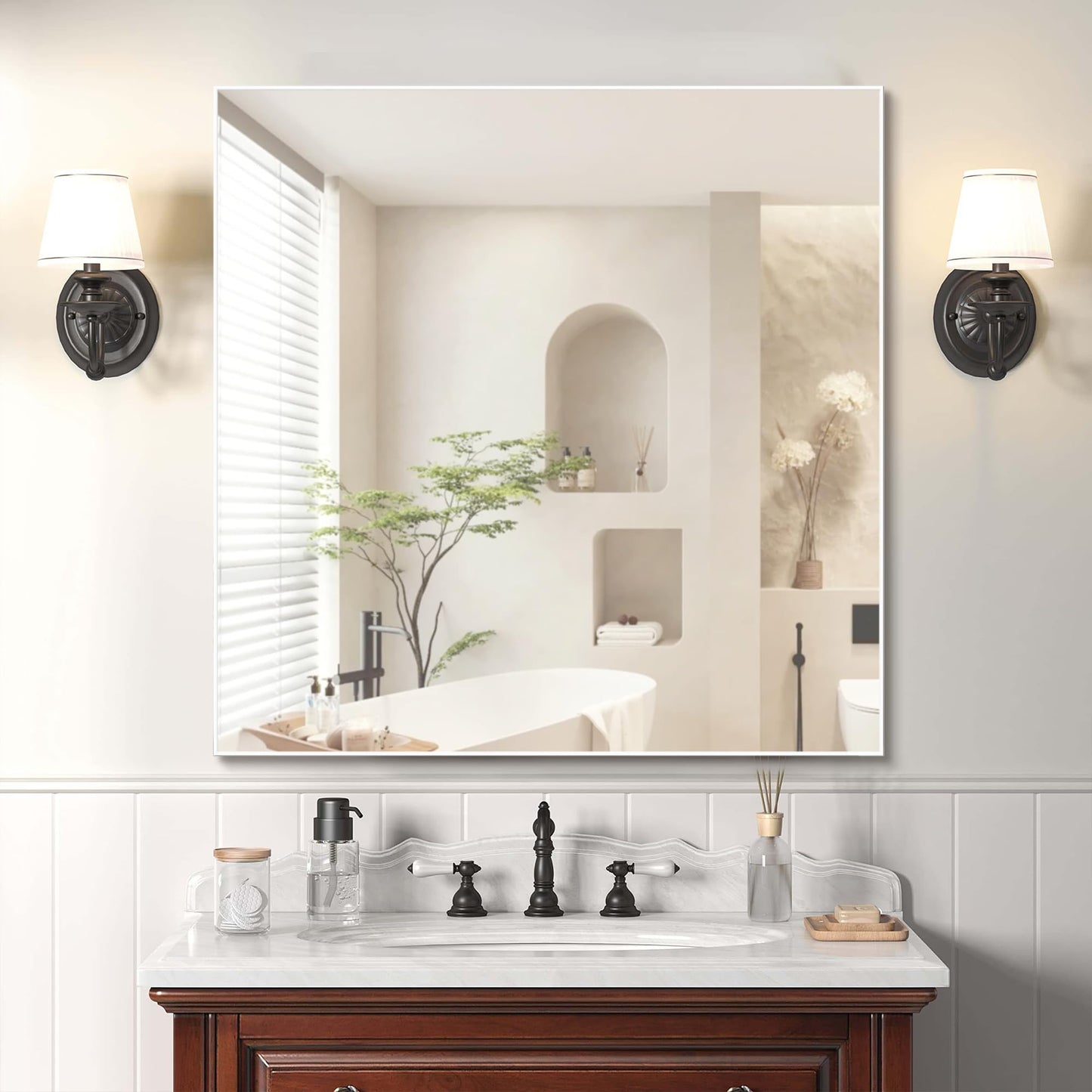 BEAUTME 32"x32" White Square Wall Mirror, Aluminum Frame Bathroom Vanity Mirror, Large Wall Mounted Mirror for Entryway Living Room, Horizontal or Vertical Hanging