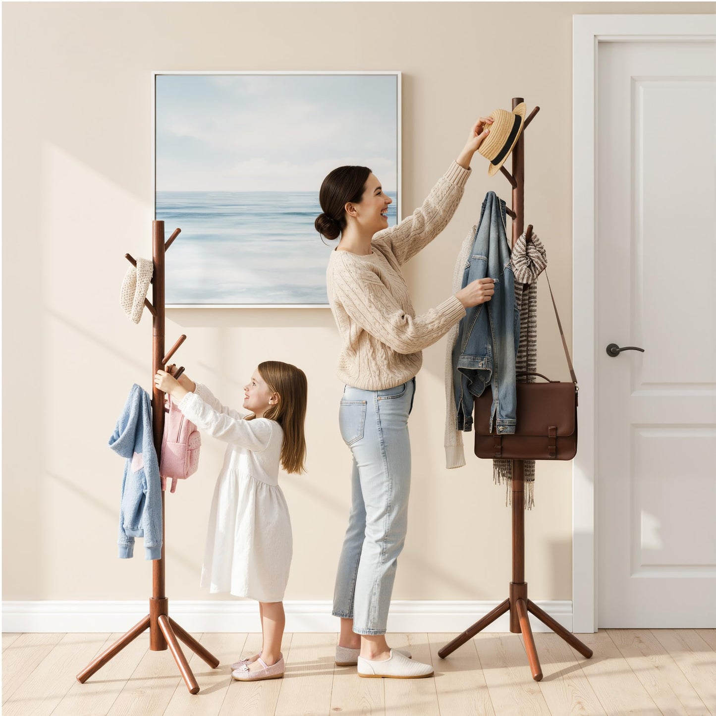 Freyawin Wooden Coat Rack Freestanding with 8 Hooks & 3 Adjustable Sizes for Clothes, Space-Saving Design for Bedroom Office Entrance Holds Hats Coats Scarves Bags