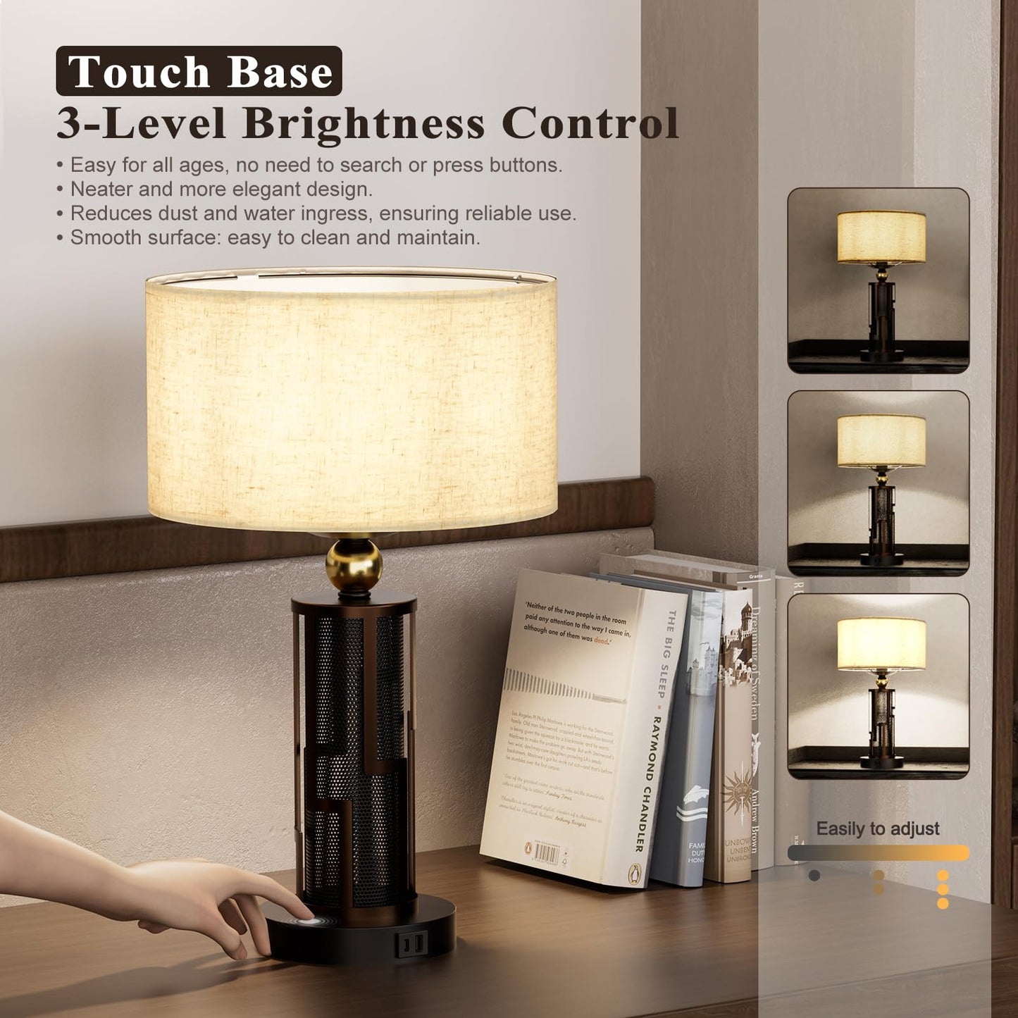 HYMELA V07-2 21.65" Farmhouse Table Lamp, Rustic Bedside Nightstand Light with USB A+C Charging Ports for Nightstand Bedroom Study Living Room, 3-Way Dimmable Desk Lamp
