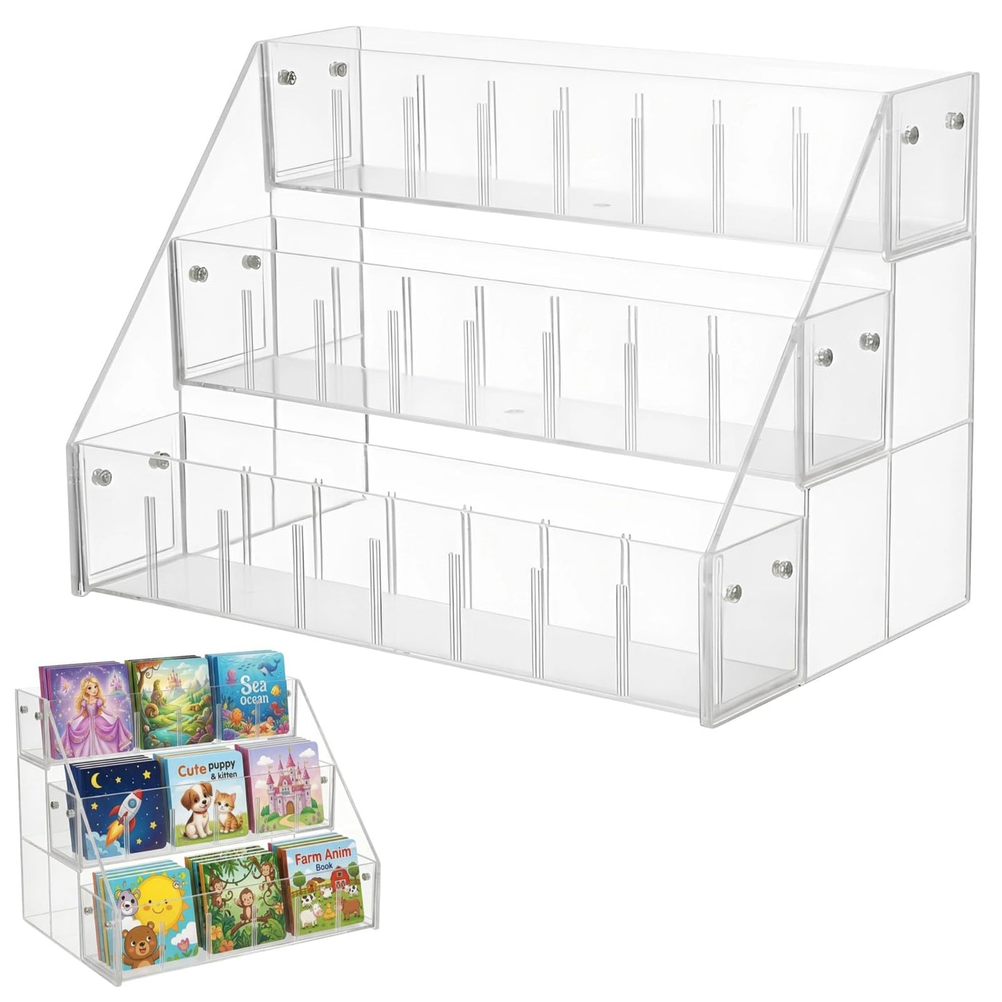 TIMCORR Acrylic Tabletop Bookshelf Display, 3 Tier Small Portable Clear Desktop Book Display Rack for Magazines Cards & Brochures, Space-Saving Book Organizer Storage Rack, 14.2 x 8.7 x 9.7 Inches