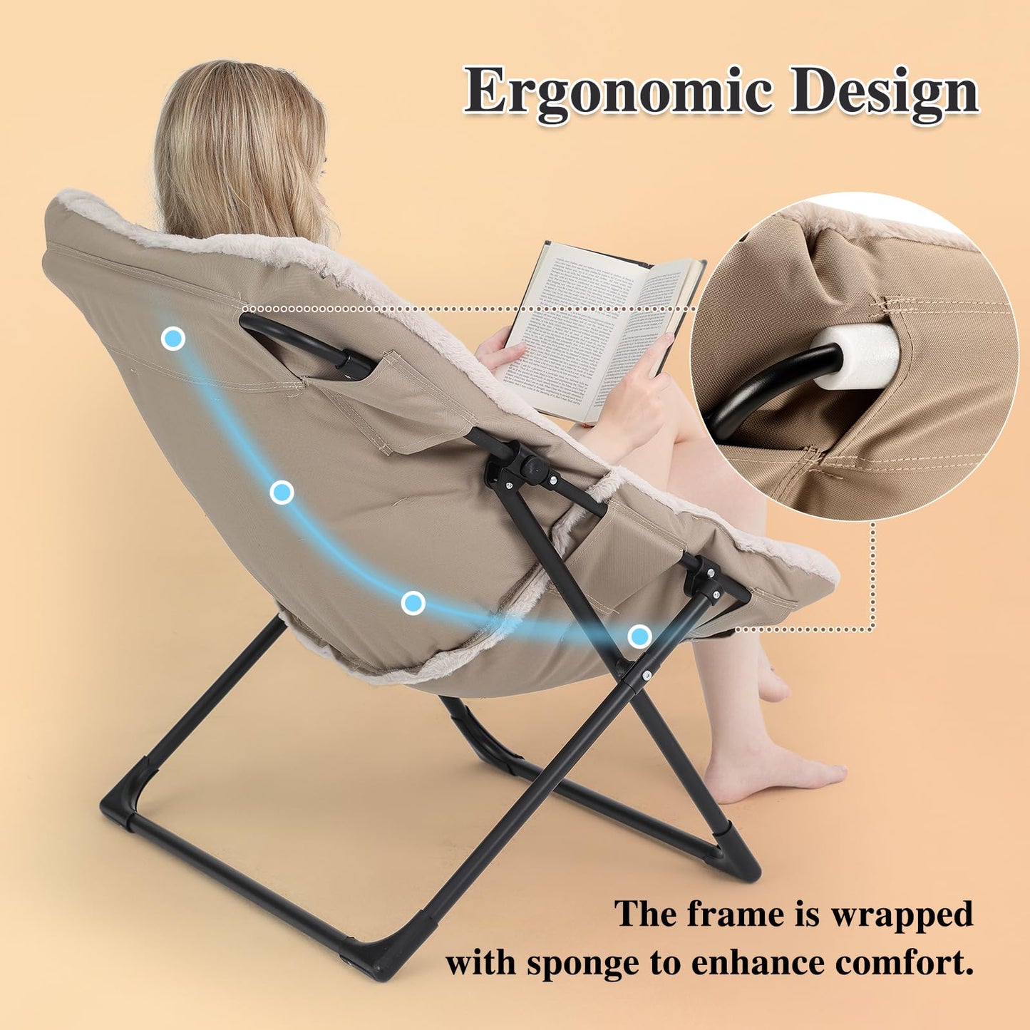 Mordchil HF Comfy Saucer Chair for Adults, Set of 2, Soft Faux Fur Bedroom Chair, Accent Dorm Chairs, Flexible Living Room Reading Chairs, Oversized Folding Lounge Seat for Teens, X-Large, Camel