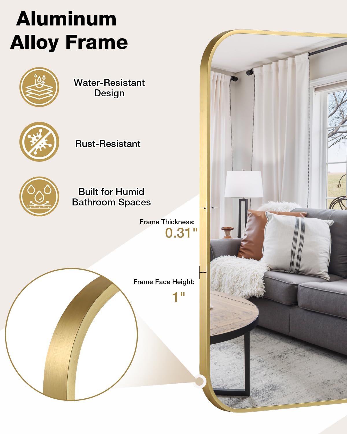 Umzodo 16x24 Inch Brushed Gold Rounded Rectangle Vanity Mirror with HD Reflection, Shatter-Resistant Tempered Glass Bathroom Mirror for Over Sink, Aluminum Frame, Horizontal or Vertical