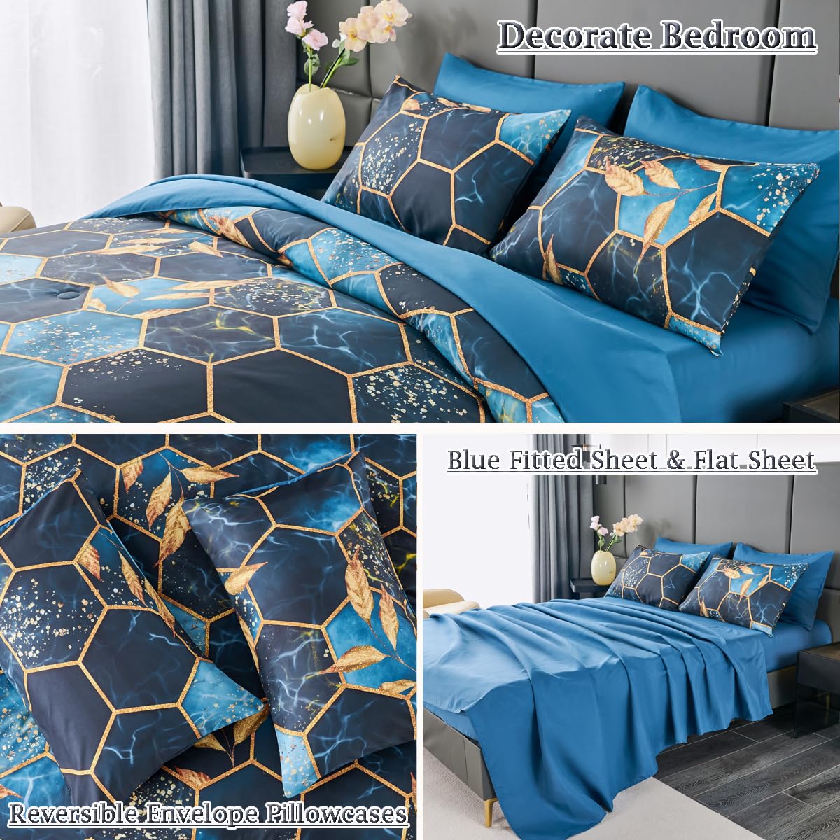 ZRNBAST 7 Pieces King Comforter Set with Sheets Drak Blue Geometric Honeycomb Bed Set Lightweight Gold Trim Print Marble King Size Quilt Set for Women Men(Royal Blue, King)