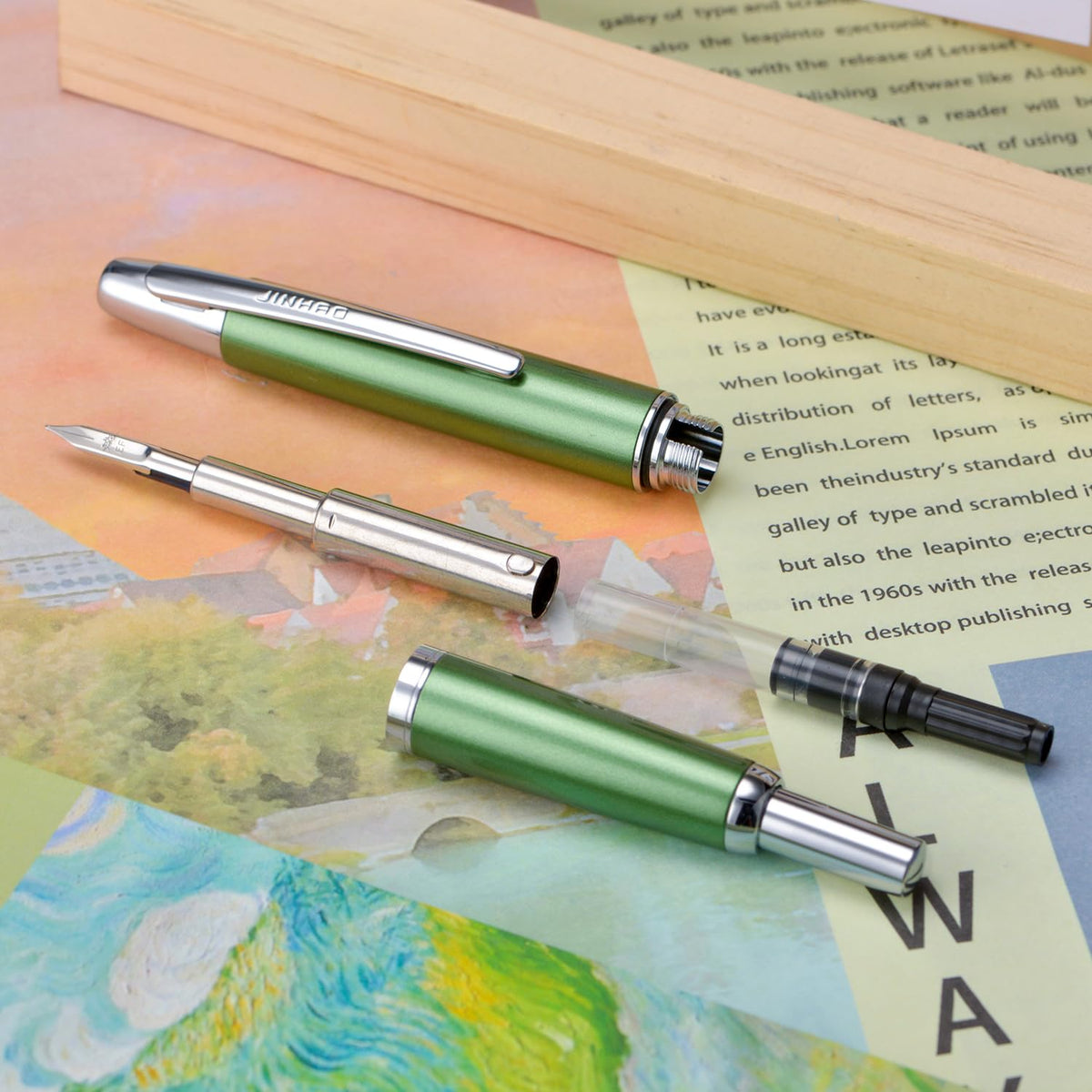 Jinhao 10 Press Fountain Pen with Box, Sea Pine Green Retractable Extra Fine Nib with Ink Converter Set (Silver Clip)