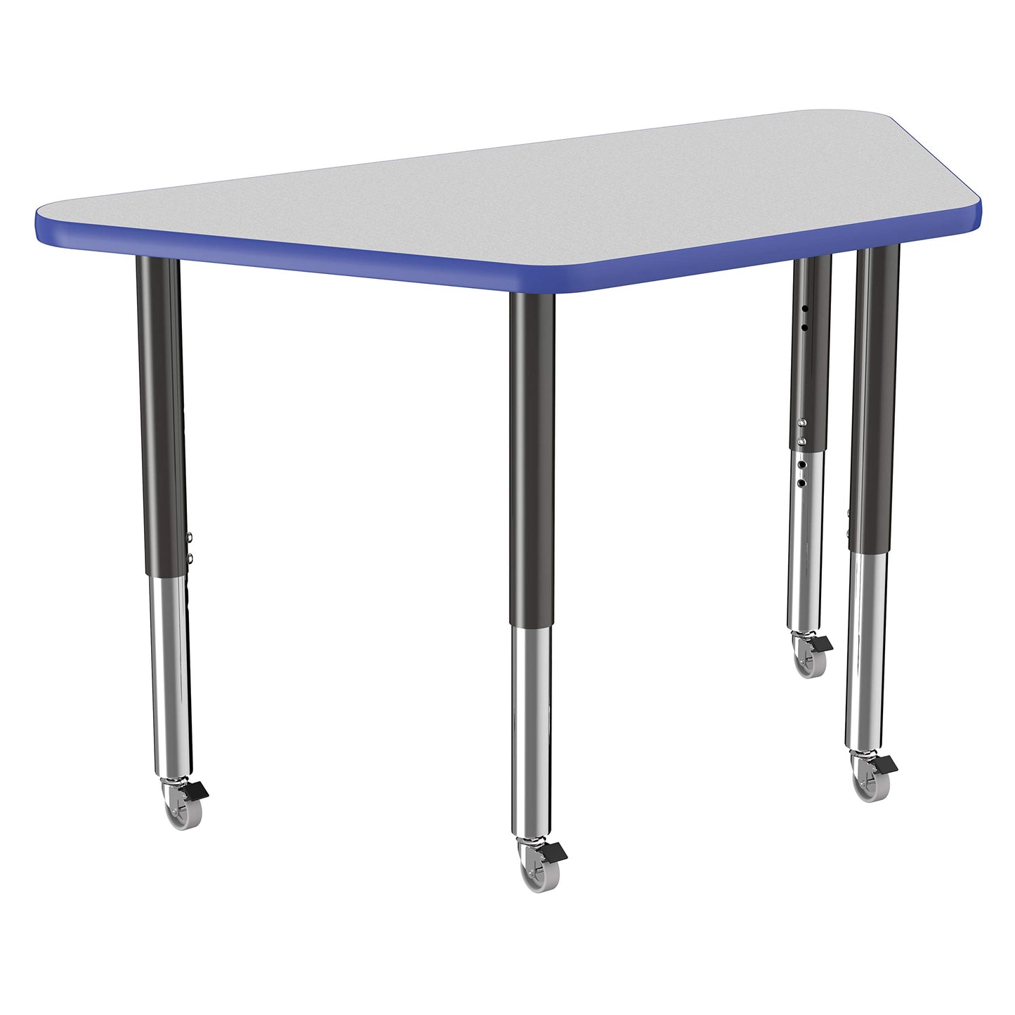 FDP Mobile Trapezoid Activity School and Office Table (24 x 48 inch), Super Legs with Glides and Casters for Collaborative Environments, Adjustable Height 19-30 inches - Gray Top and Blue Edge