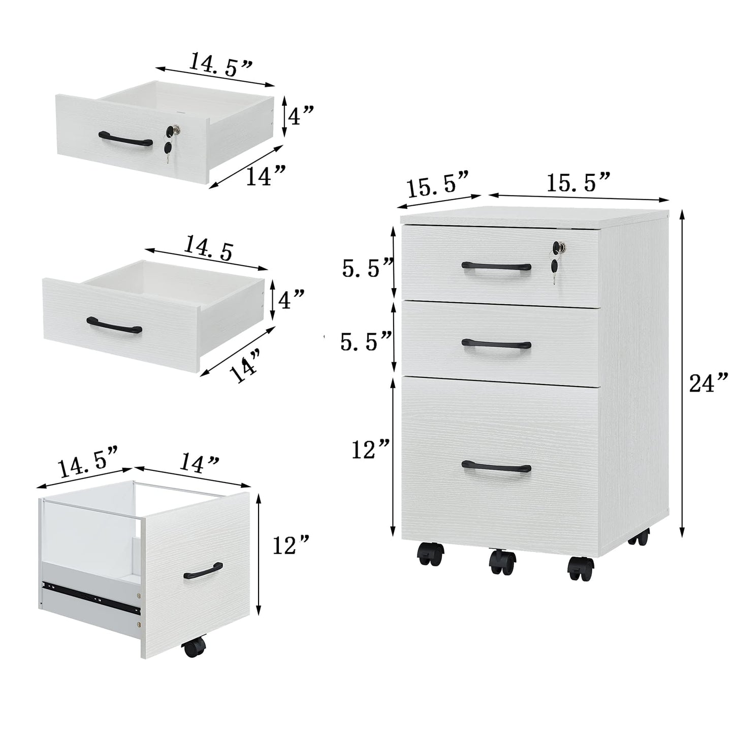 ALBSL File Cabinet With Lock, 3 Drawer Wood Rolling Filing Under Desk for Home Office, Storage Fits Letter/A4 Size, Mobile Printer Stand, White