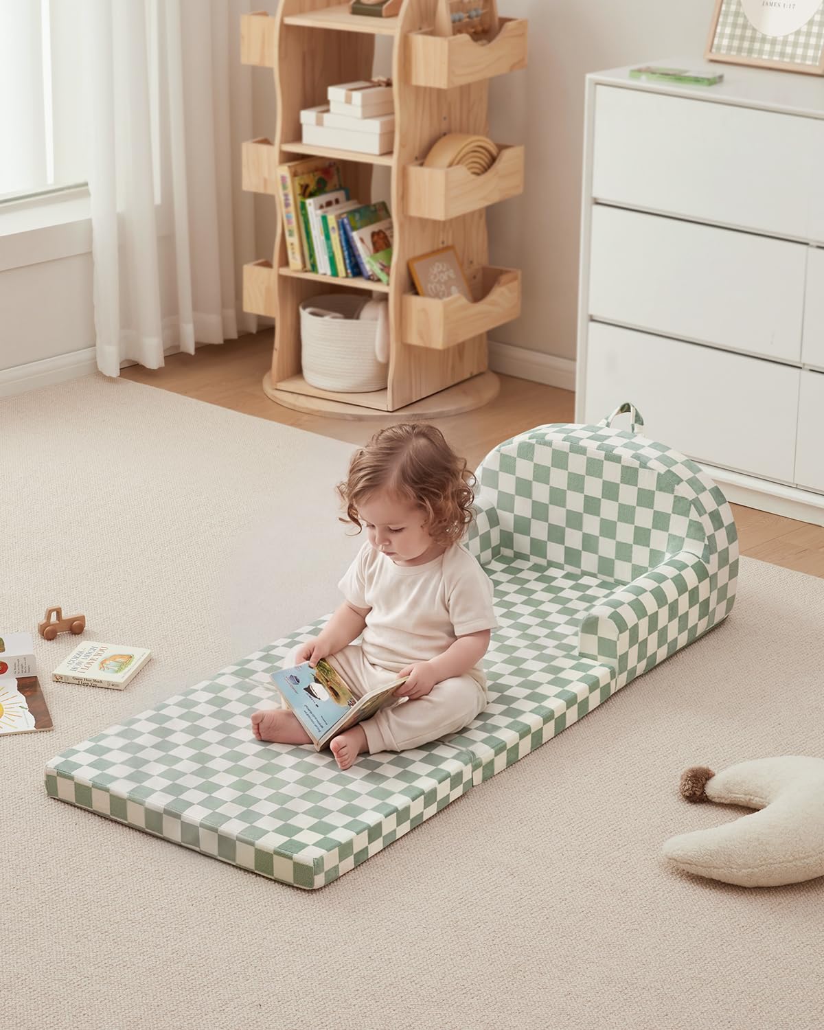 Blissful Diary Kids Couch, 2-in-1 Comfy Kids Chair for Reading, Playroom, Kids Couch Sofa for Girls Boys Birthday Gift, Sage Checkered