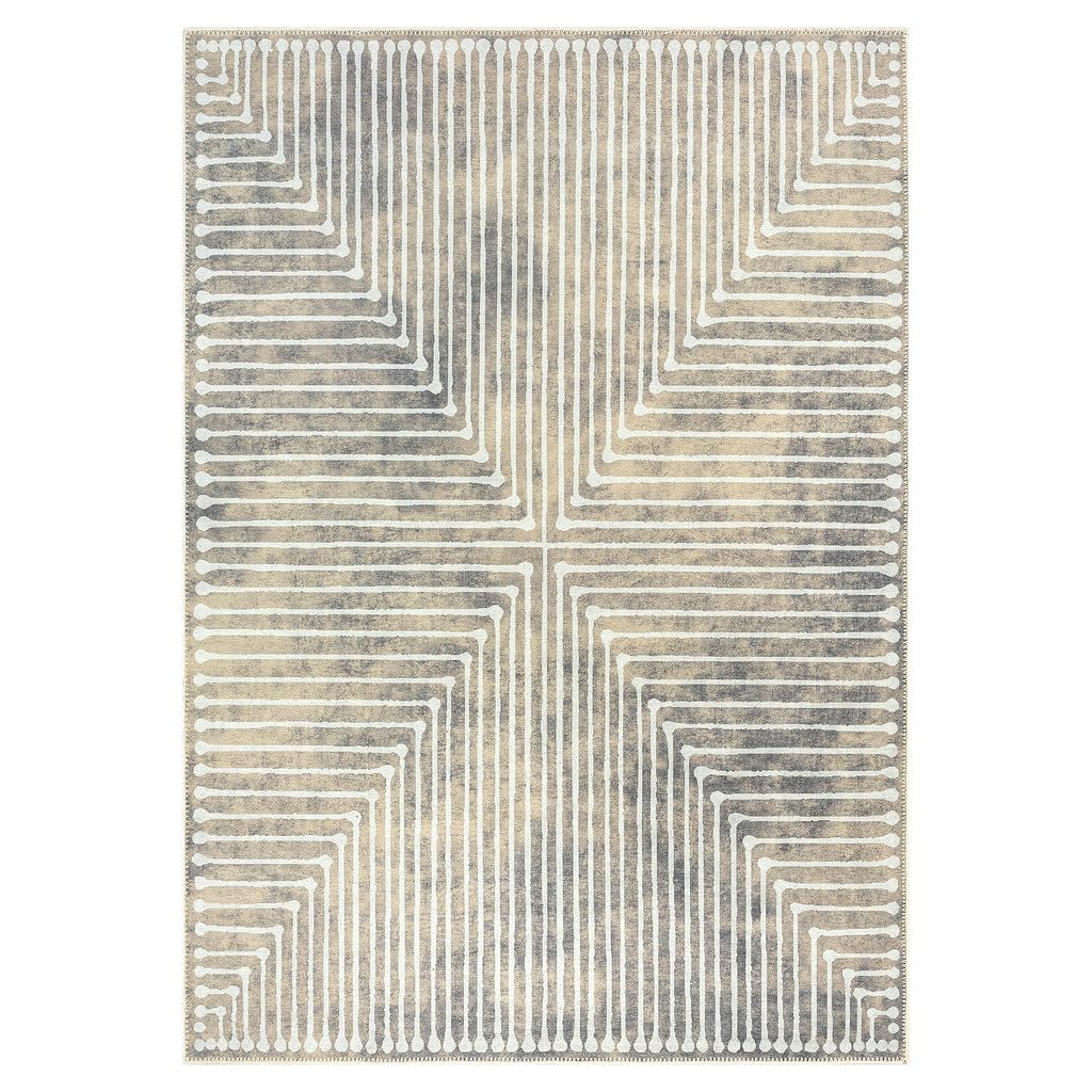GLN Rugs Contemporary - Ephesus - Machine Washable Area Rug, Modern Washable, Non Slip, Low Pile Area Rug, Living Room, Bedroom, Kitchen Rug - Easy Clean (6' x 9' Lines Cream)