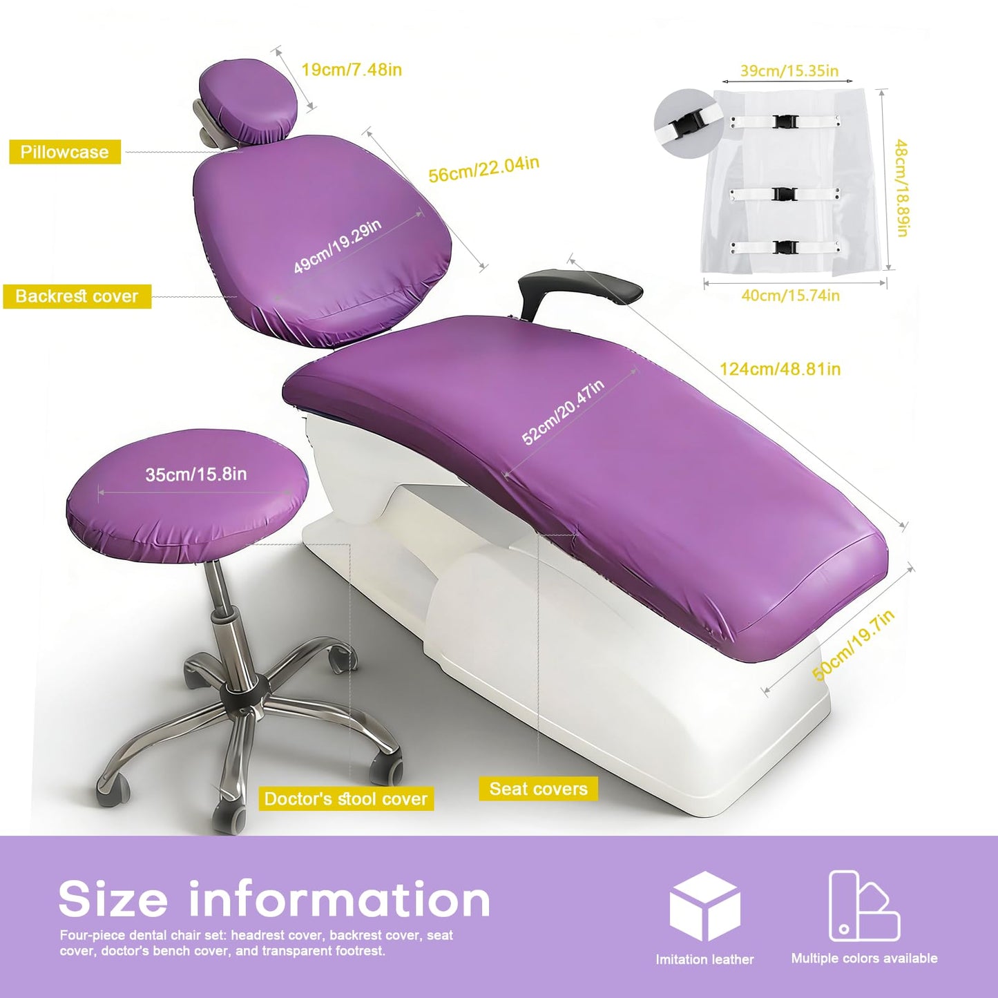 buyzg 5Pcs Dental Chair Covers Set - Waterproof & Non-Slip PU Leather Elastic Full Covers with Foot, Seat, Headrest & Backrest Protectors for Dental Clinic Chairs(Purple)