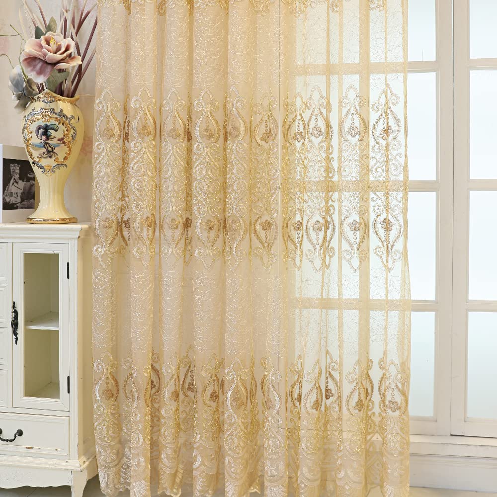 Amidoudou 1 Pair European Jacquard Sheer Curtains Embroidered Tulle Curtains Living Room Bedroom Luxury Translucent Curtains (Gold,37x84 Inch)