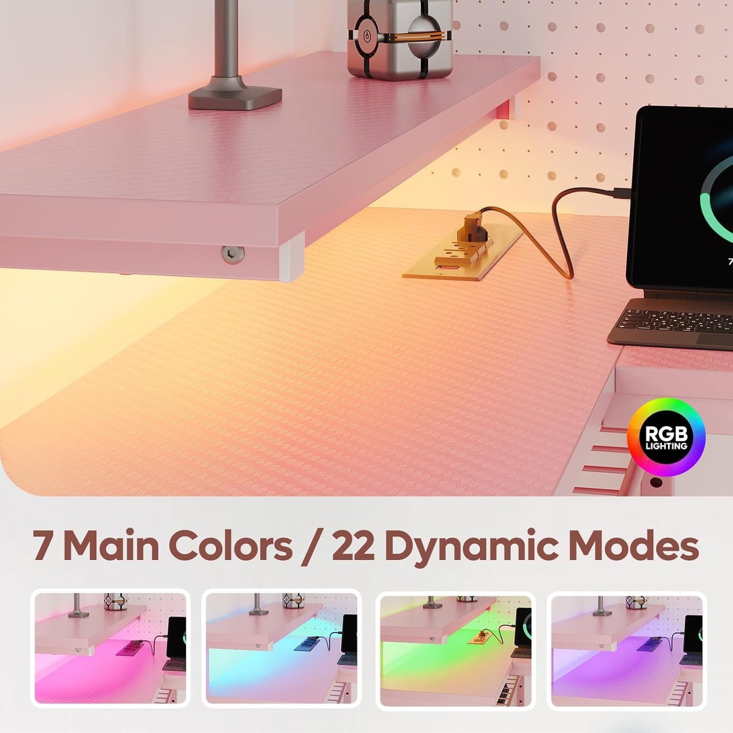 Bestier Pink Computer Desk with Power Outlets,42 LED Small Gaming Corner Desk with Reversible Storage Shelves,L Shaped Desk with Headset Hooks Studying and Workstation Desk for Office and Bedroom