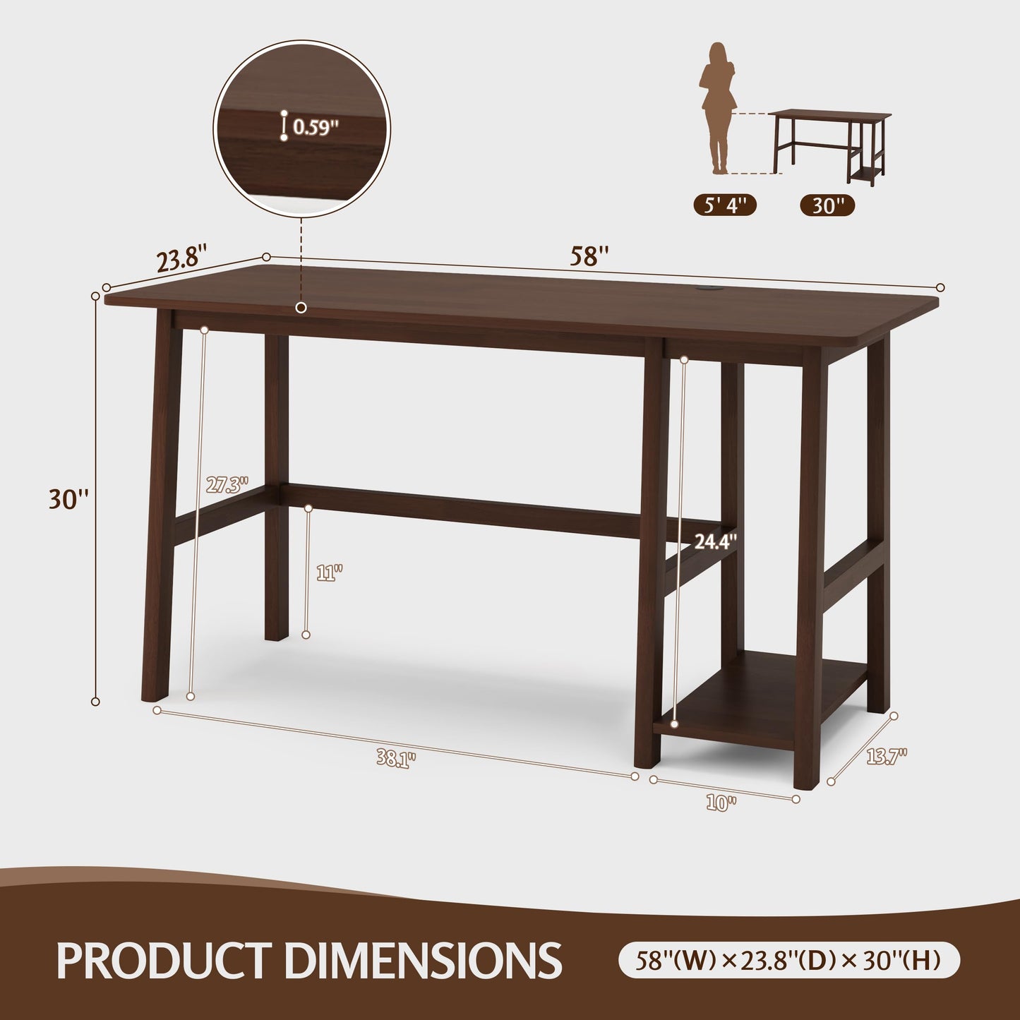 NELYE Solid Wood Computer Desk - 52" W x 24" D Modern Minimalist Table with Shelf，Sturdy Computer Workstation for Home Office, Oak
