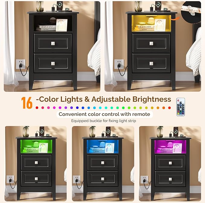 Bonnlo Led Nightstand with Charging Station, Night Stand Black Bedside Table