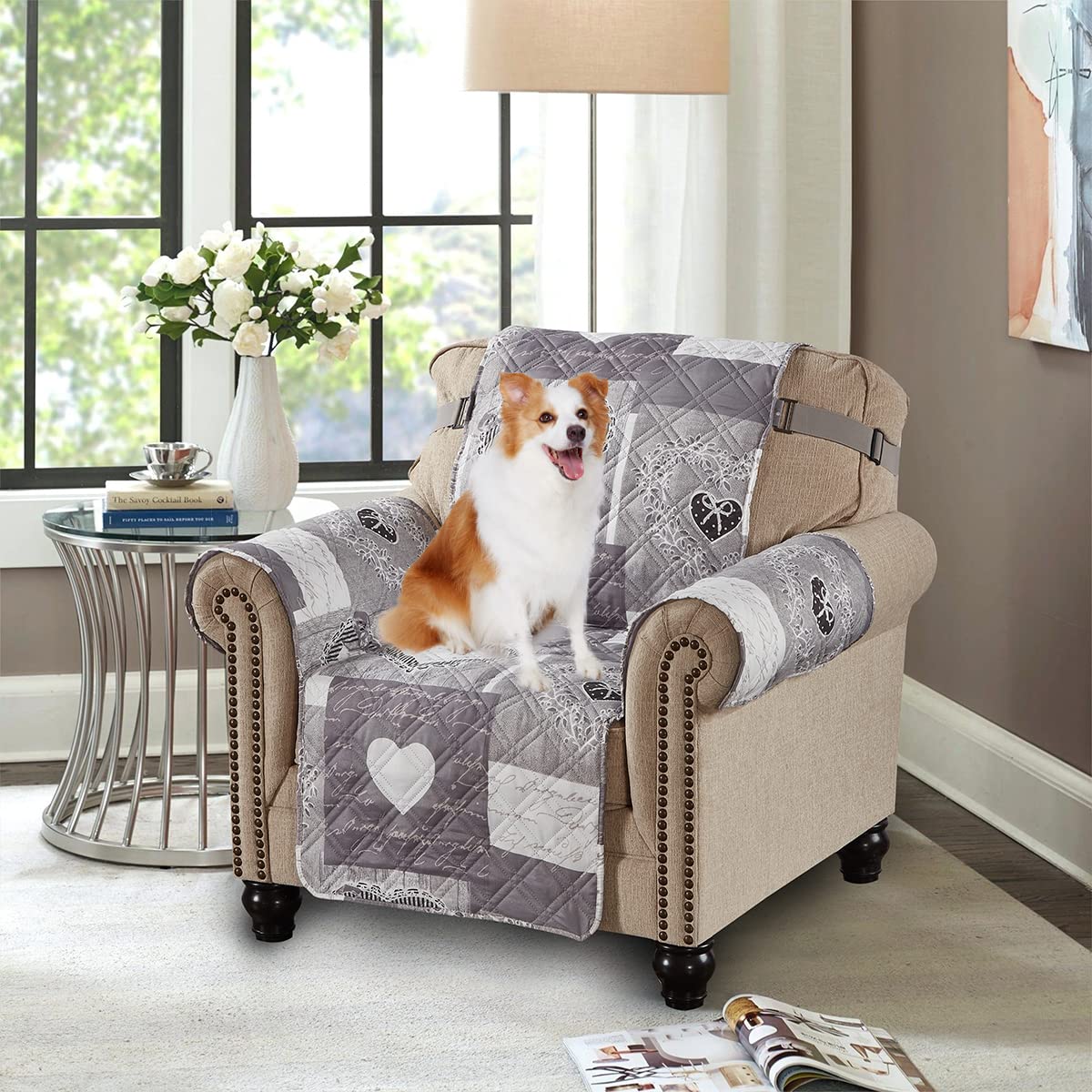 Brilliant Sunshine Grey Heart Love Patchwork Quilted Chair Slipcover, 23" Seat Width, Slip Resistant Furniture Protector, 2" Strap, Washable Armchair Cover for Pets, Kids, Dogs, Cats, Grey