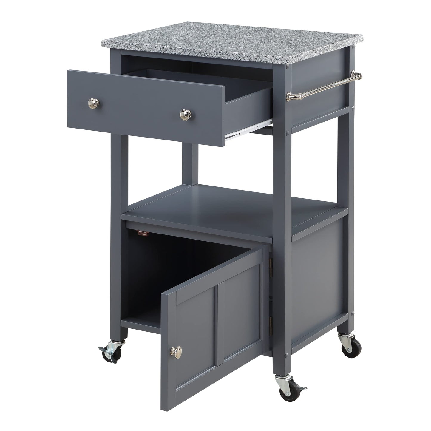 OSP Home Furnishings Fairfax Farmhouse Kitchen Cart with Granite Top, Rolling Storage Cabinet with Towel Rack, Shelf and Drawer, Grey Finish