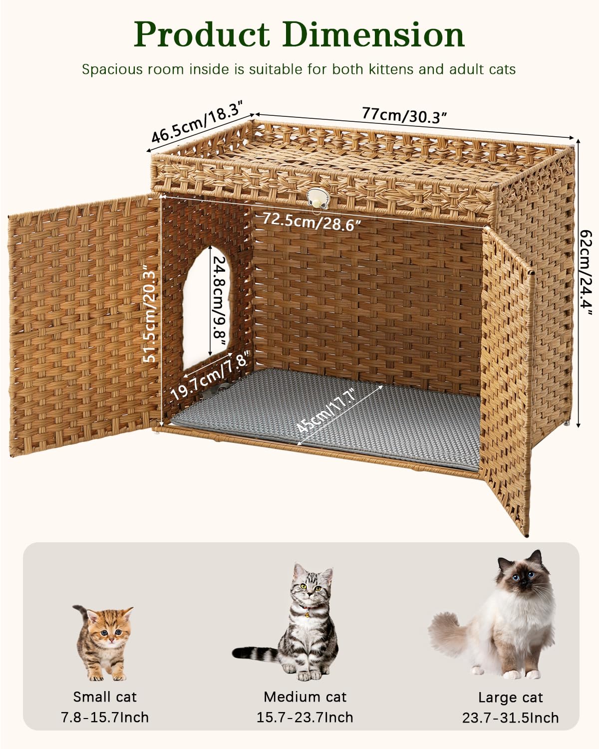 SETVSON Cat Litter Box Enclosure Furniture, Handwoven Rattan Hidden Litter Box with Mat, Large Space Cat House with 2 S-Shaped Hooks 30.3 x 18.3 x 24.4 Inches, Indoor for Living Room Apartment Natural