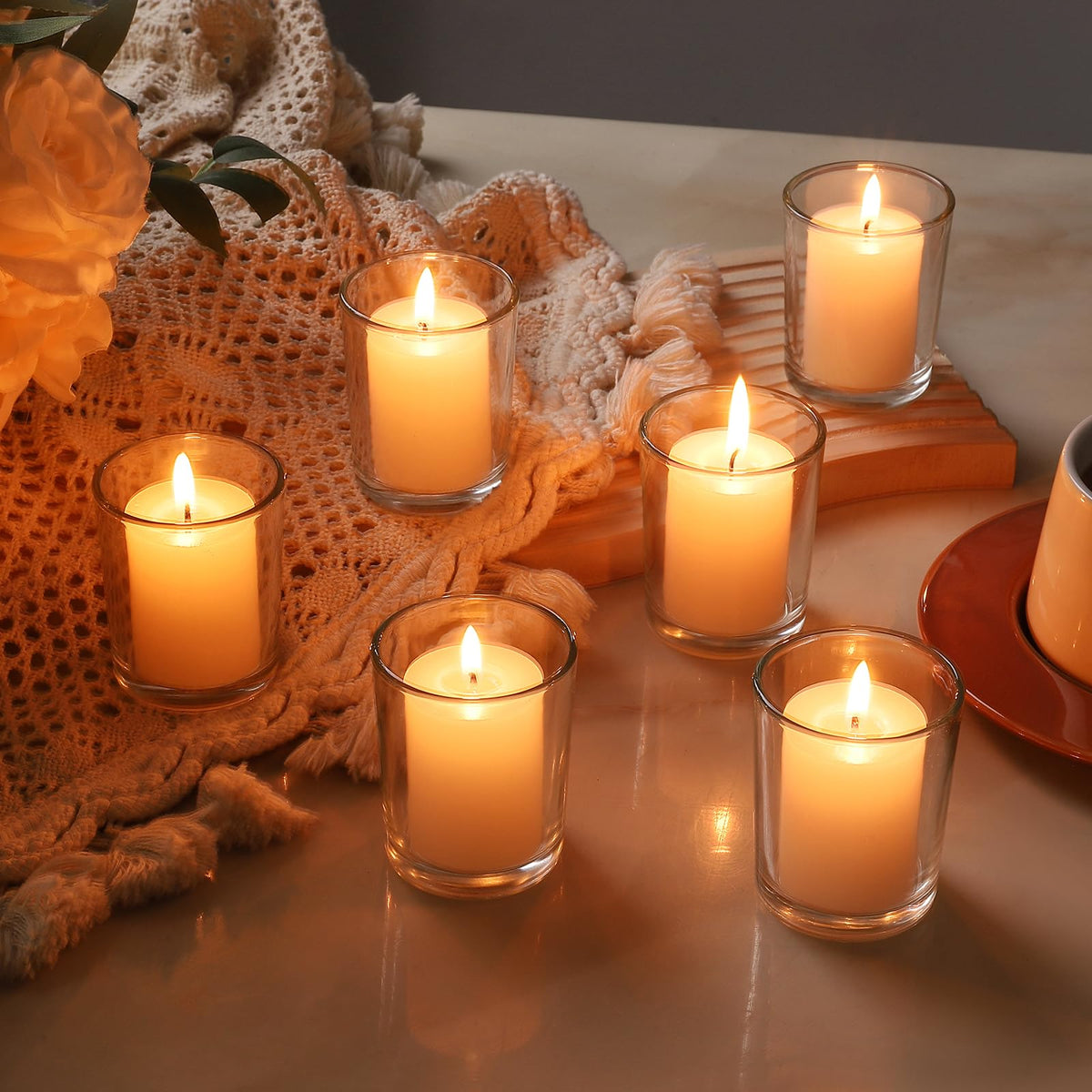BTGLLAS 24pcs Clear Glass Tea Light Holders - Votive Candle Holders Bulk for Weddings Events - Glass Votives for Wedding Centerpieces, Christmas, Thanksgiving - Candle Accessories Decor (24, Clear)