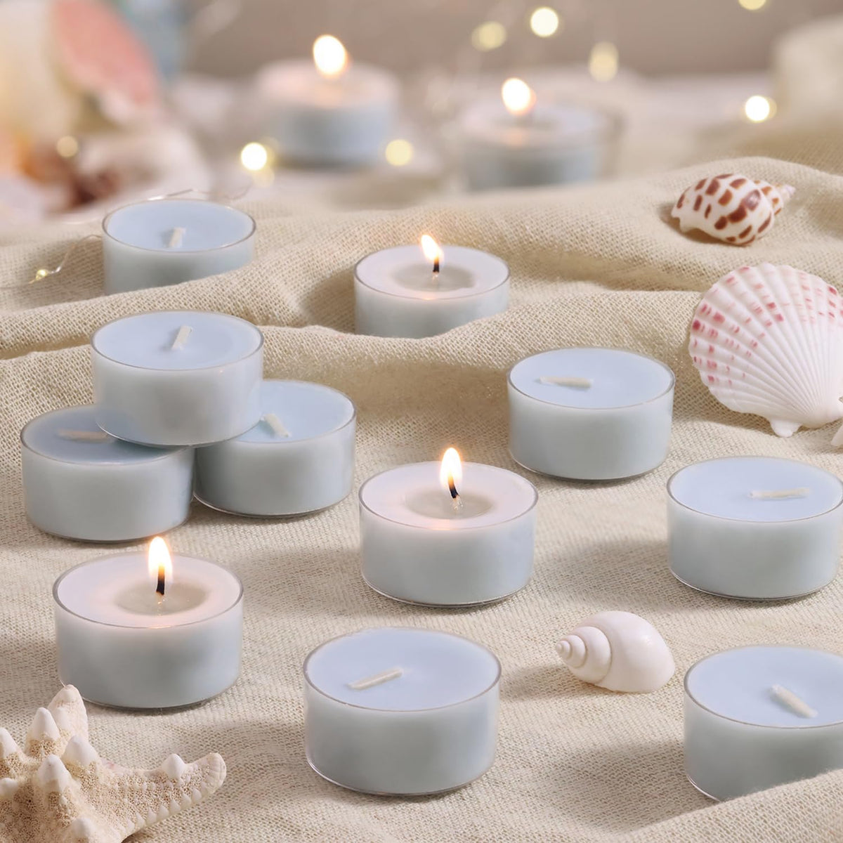 Ocean Memory Scented Tea Lights Candles – Soft Blue – 6 Hour Burn – 100% Palm Wax – Scented Tealight Candles for Holiday Relaxation, Winter Gatherings – 48 Pack Scent Votive Candle