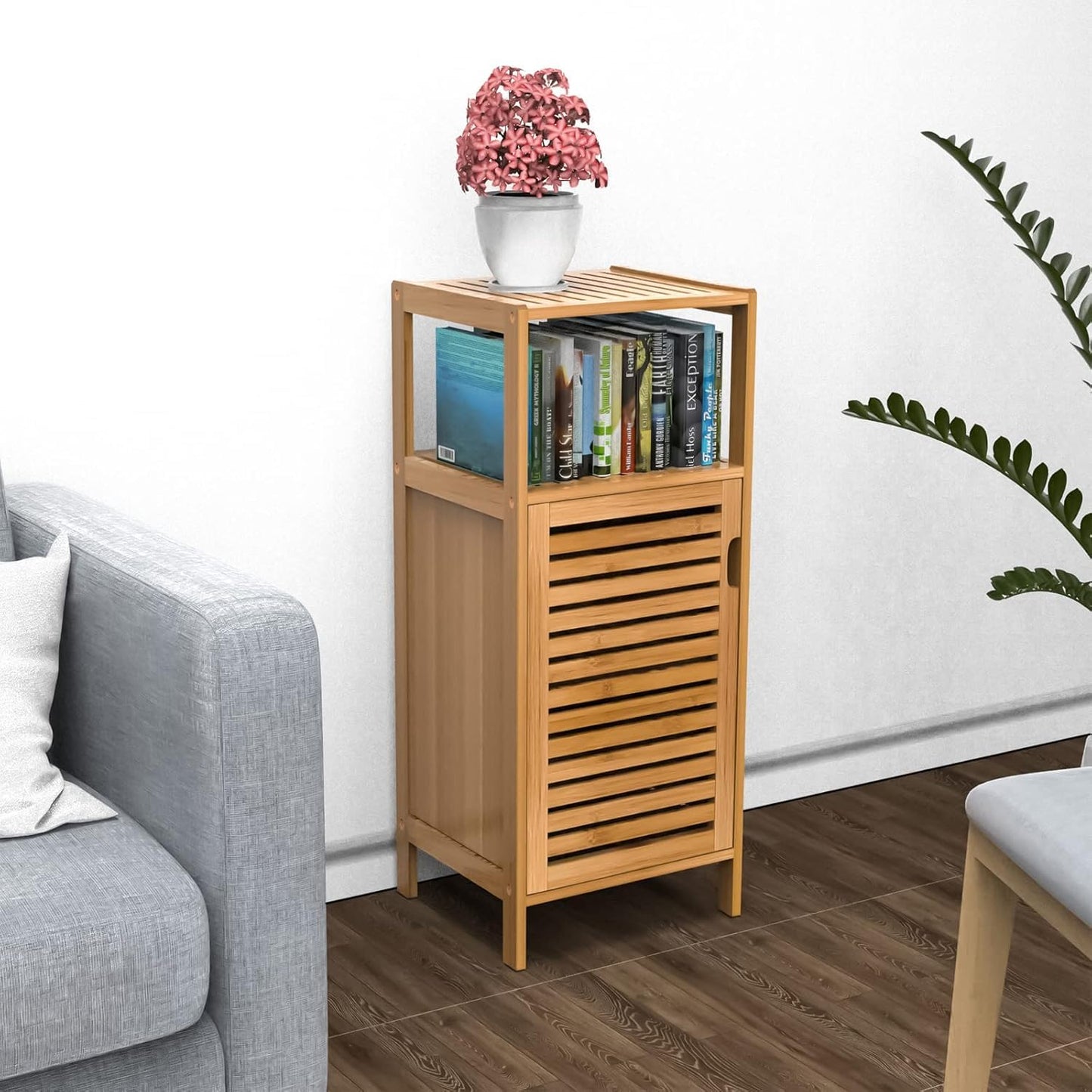 FoverOne Bathroom Bamboo Storage Cabinet, Freestanding Floor Cabinet with Door and Shelf for Bathroom, Living Room, Bedroom, Hallway, Kitchen