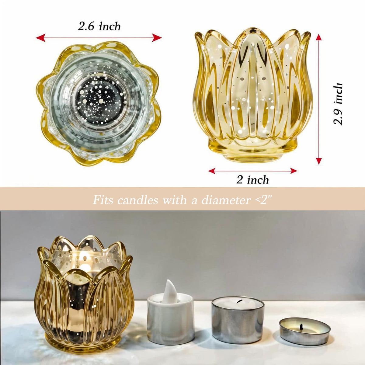 VIVAHEARTH Tulip Votive Candle Holders Set of 6, Tea Light Candle Holder Glass for Table Centerpiece, Tealight Candle Holders for Wedding Déco, Birthday, Anniversary, Parties, and Holiday (Glod)