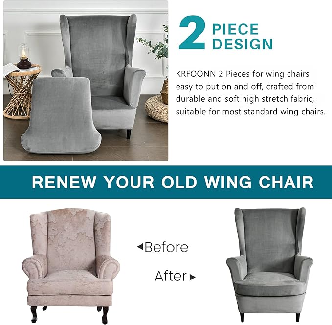 KRFOONN Wingback Chair Cover Slipcovers 2 Piece Stretch Velvet Plush Wing Chair