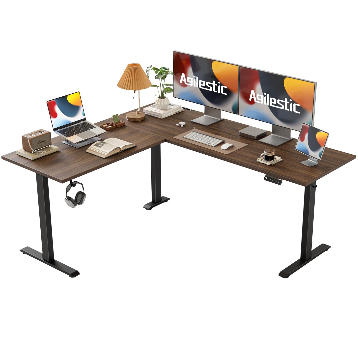Agilestic L Shaped Standing Desk 63 x 55 inch Adjustable Height, Electric Corner Standing Desk, Sit Stand Computer Table with Splice Board, Dark Walnut