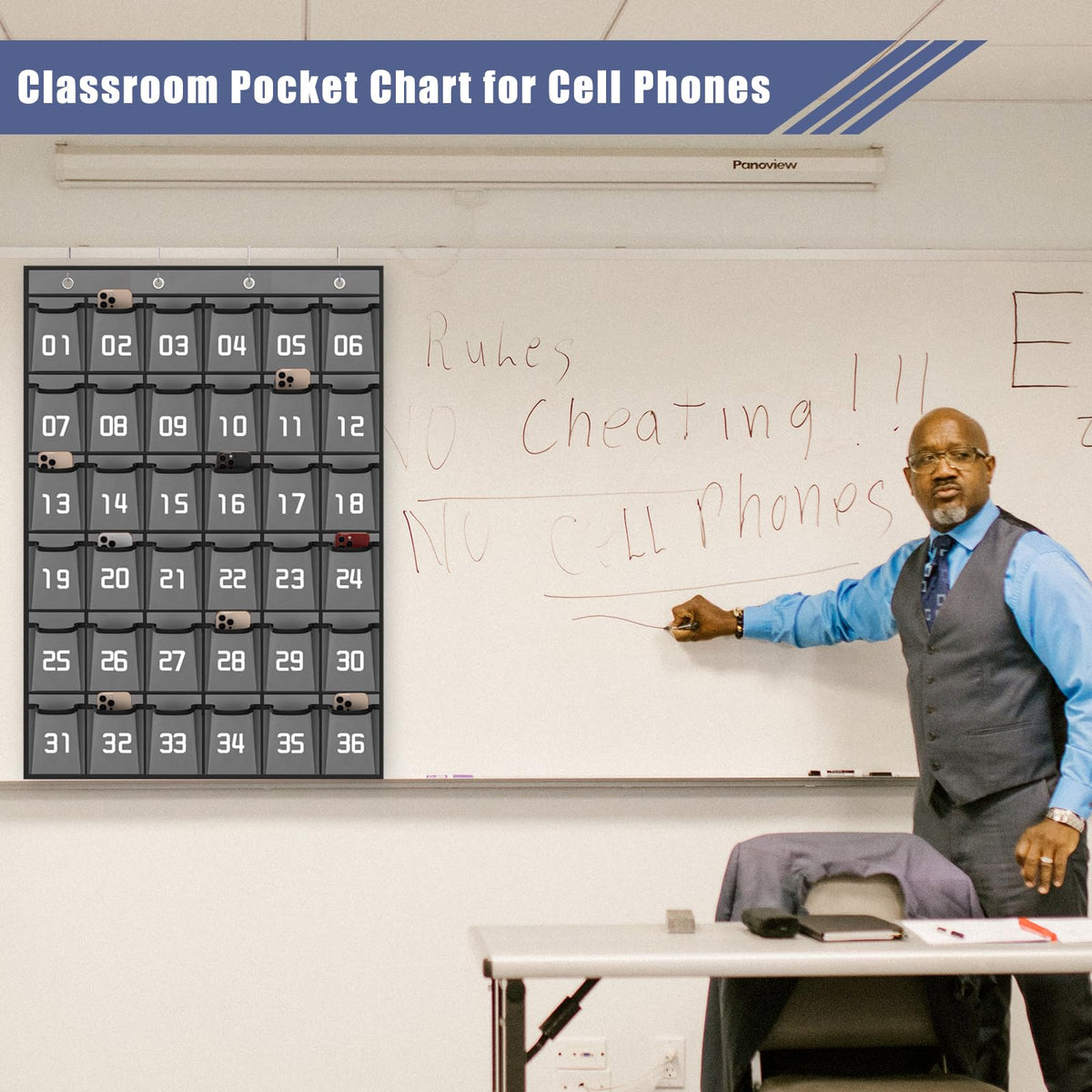 Loghot Classroom Accessories Closet Pocket Chart for Cell Phones Holder Wall Door Hanging Organizer (36 Pockets Gray)