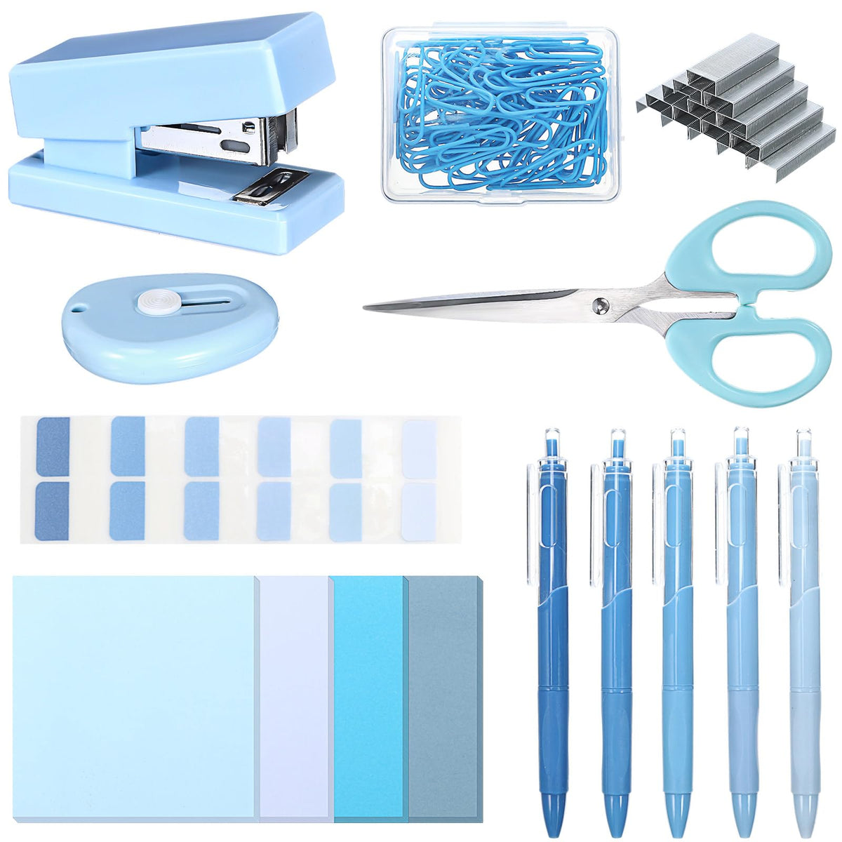 Humyoun Mini Blue Office Supplies Kit Blue School Supplies Christmas Gift Desk Accessories with Gel Pens Sticky Notes Stapler Scissor Paper Clips Index Tabs Box Cutter for Christmas Gifts Office