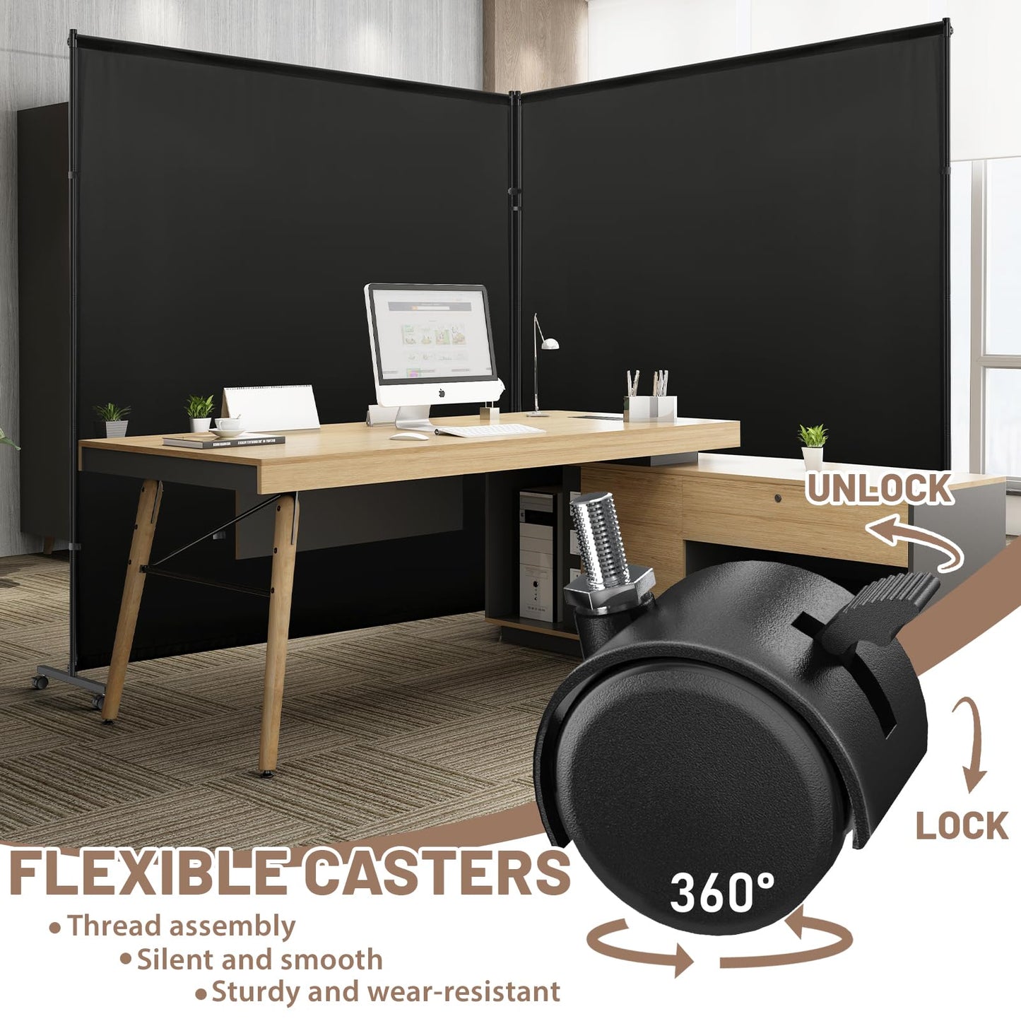 VAMFUTRE 2 Panels Room Divider/Privacy Screen with Caster Wheels and Brakes - Stylish and Versatile Partition for Home,Office,School and Restauran (Black, 12FT*6FT)