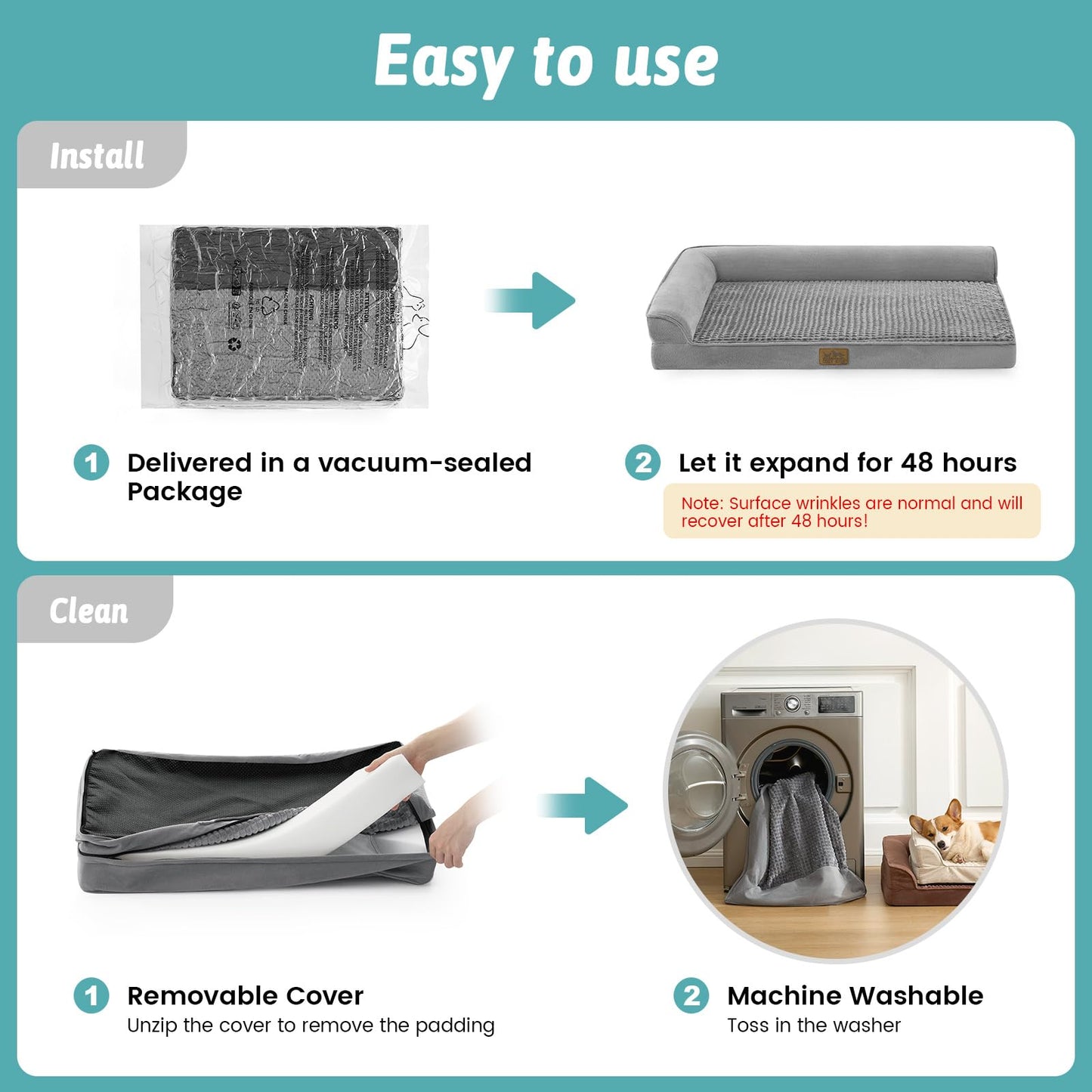COZY KISS Orthopedic Dog Bed for Medium Small Size Dog, Dogs Crate Bed, L Shaped Foam Anti-Slip Bottom Pet Cat Sofa with Washable Removable Cover, Suitable for Pet Up to 40 lbs, 30x20x6.5 inch, Grey
