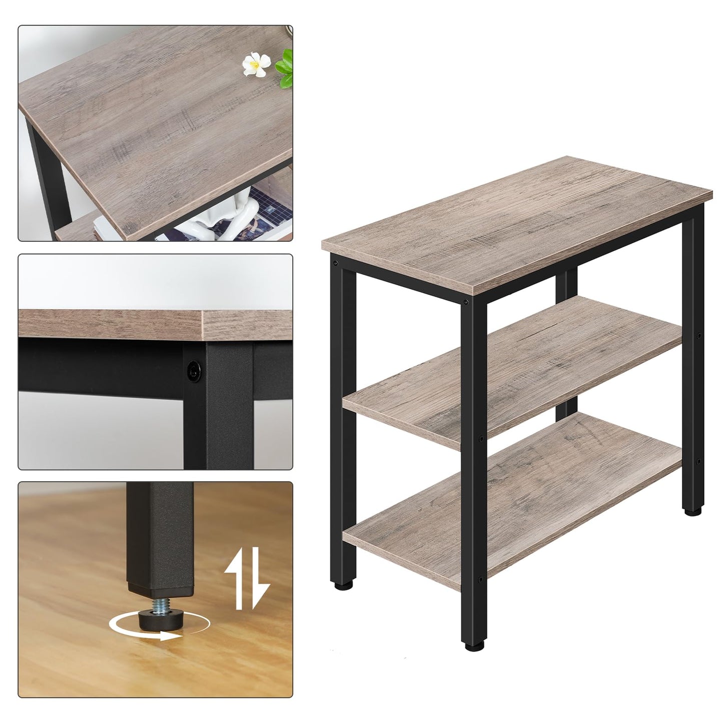 HOOBRO End Table, Simple Rustic Side Table with 3-Tier Storage Shelf, Narrow Nightstand for Small Spaces, Easy Assembly, for Living Room, Bedroom, Metal, Industrial Design, Greige and Black BG14BZ01
