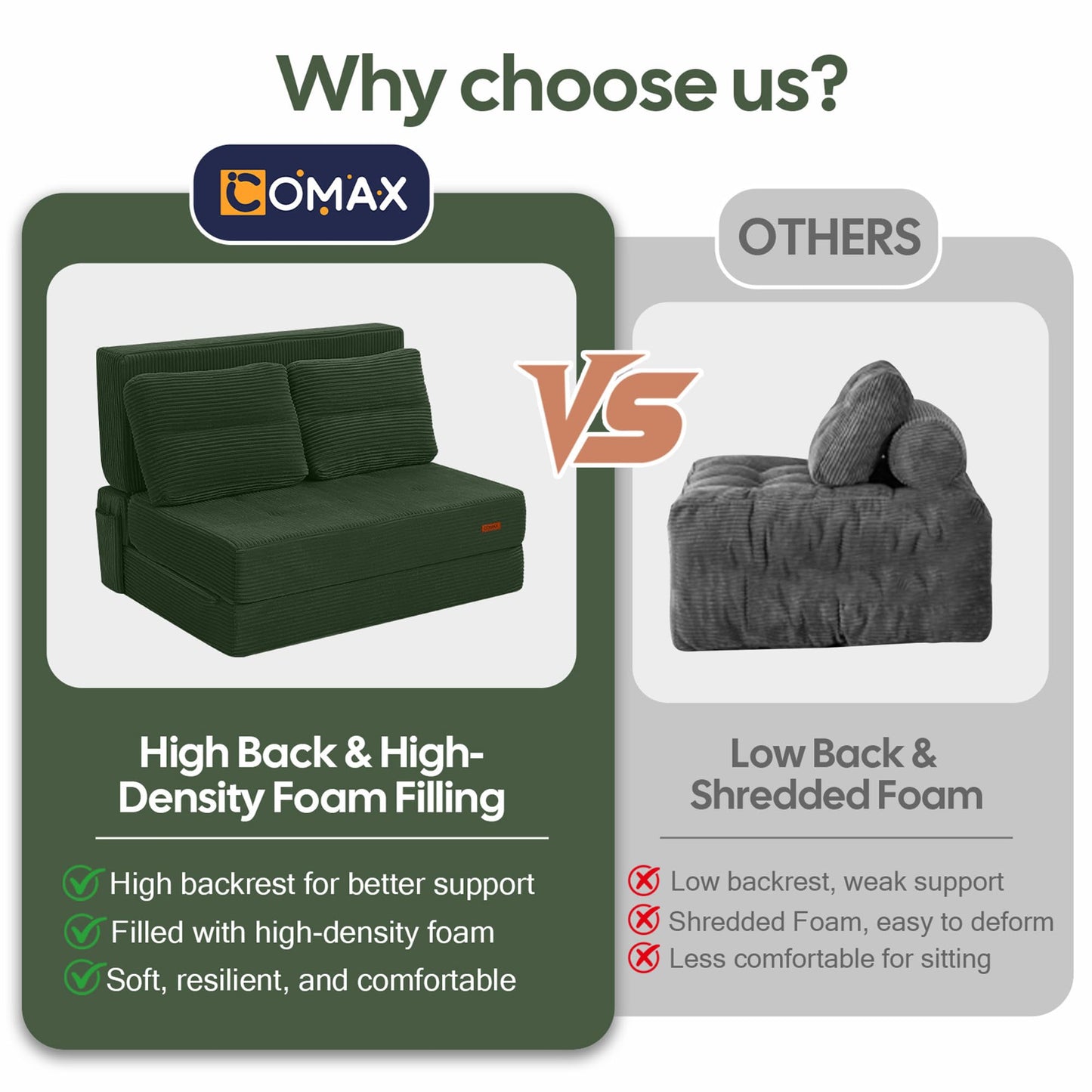COMAX Folding Sofa Bed, Foldable Couch for Bedroom, Convertible Floor Sleeper Futon Chair Foam, Corduroy 3 in 1 Fold Out Chair Portable Comfy Lounge Couch Sofa Bed for Small Space, Twin, Green