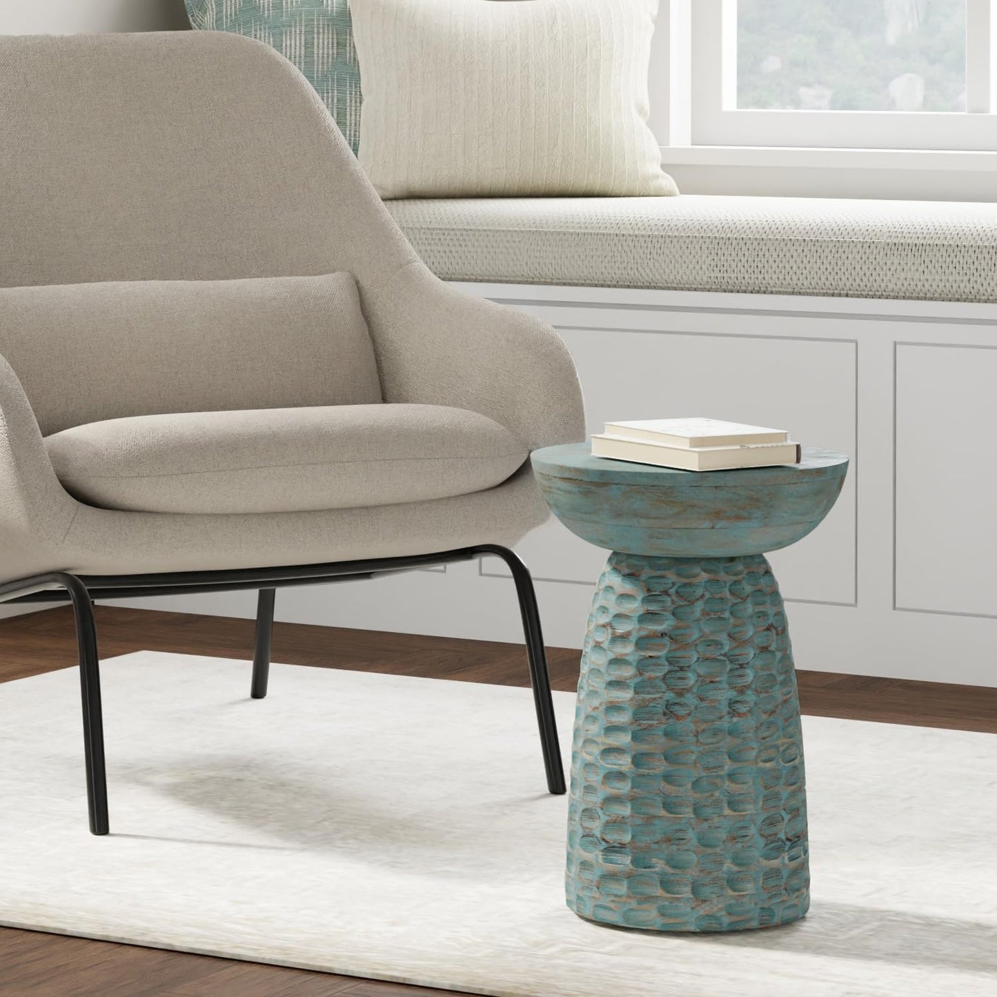 SIMPLIHOME Boyd End Table - 13" Wide x 18" High Solid Mango Wood Round Accent Table in Teal Wash, Handcrafted Contemporary Nightstand or Lamp Stand for Living Room, Bedroom, or Office, Assembled
