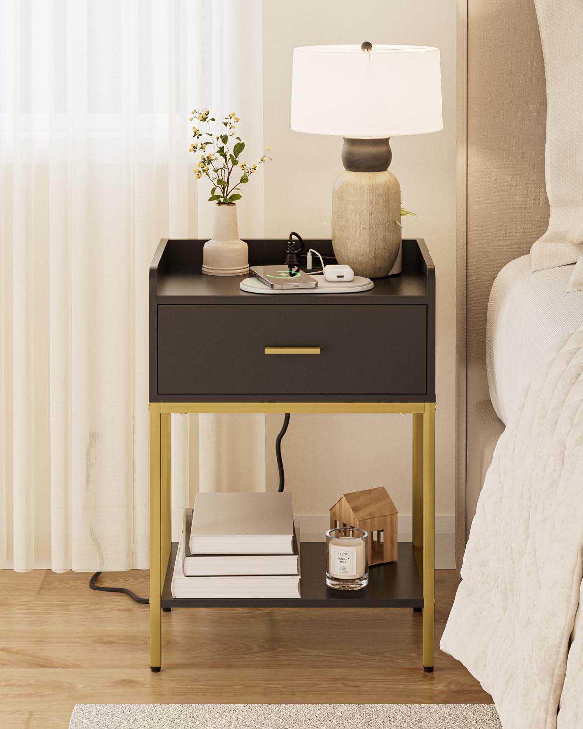 Apetaccat Nightstand with Charging Station,3-Tier Bedside Table for Small Space,Modern Night Stand with Storage Drawer and Shelf,Small Side Table for Bedroom,Living Room,Black