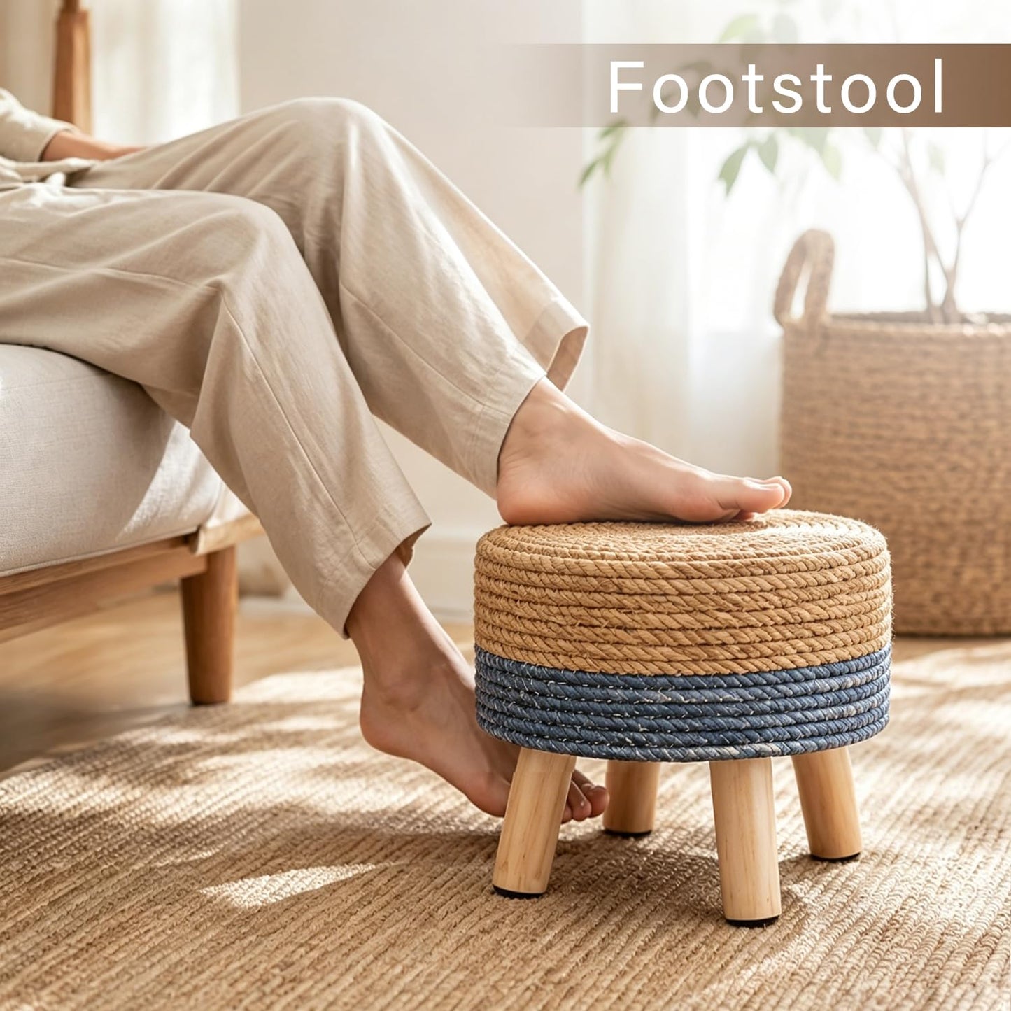 Wimarsbon Round Foot Stool Natural Seagrass Poufs Ottoman Hand Weave Footrest Stool for Couch Desk Extra Seat Step Stool with Solid Wood Legs for Hallway Patio Lounge Blue