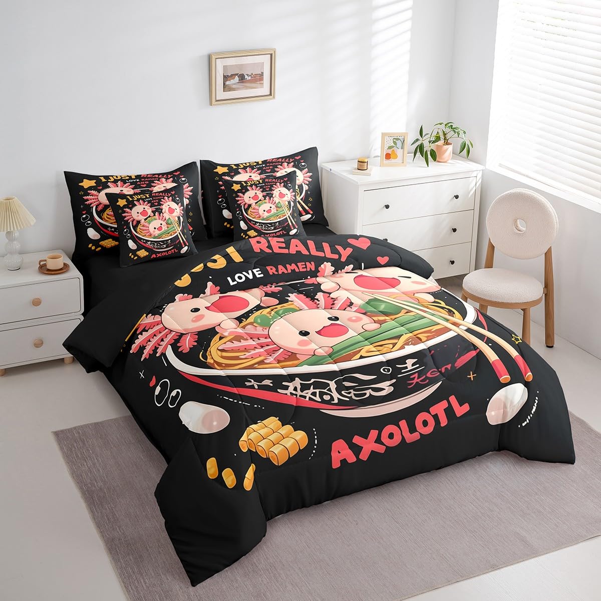 Erosebridal Funny Axolotl Queen Bedding Set,Ramen Noodle Comforter Set Gifts for Ramen Lovers,Food Themed Bed Set 7Pc Japanese Anime Style Bed in a Bag with Fitted Sheet,Flat Sheet,Pillowcases