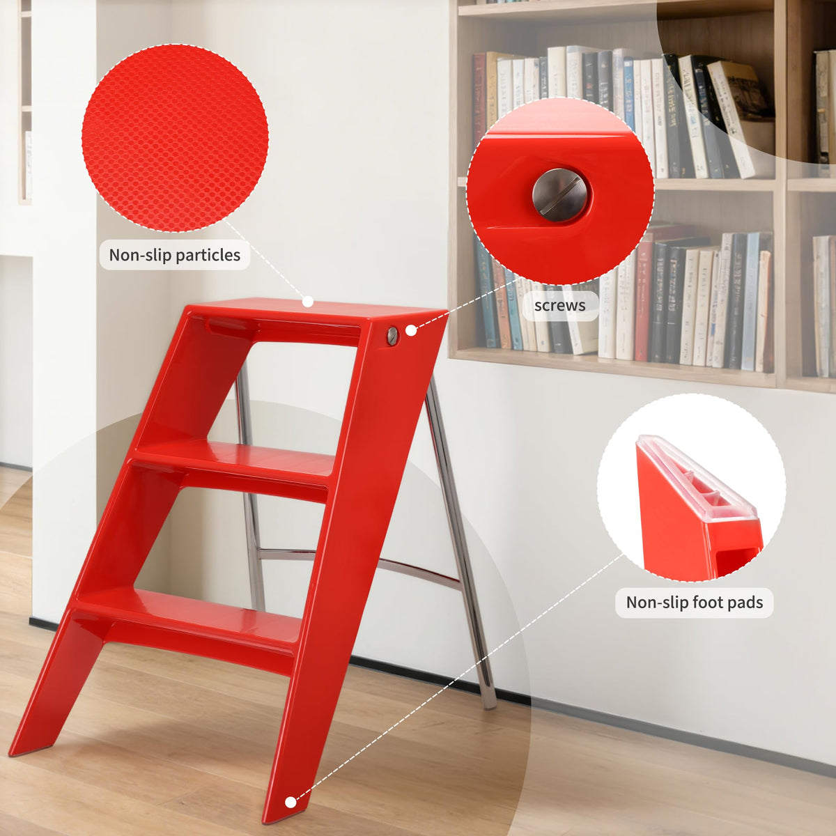 HOTEAGLE Ladder Shelf, Multifunctional 3-Tier Bookshelf, Stylish Bedroom Shelves Double as Bedside Table, Side Table for Home Living Room, Kitchen and Bedroom,Red