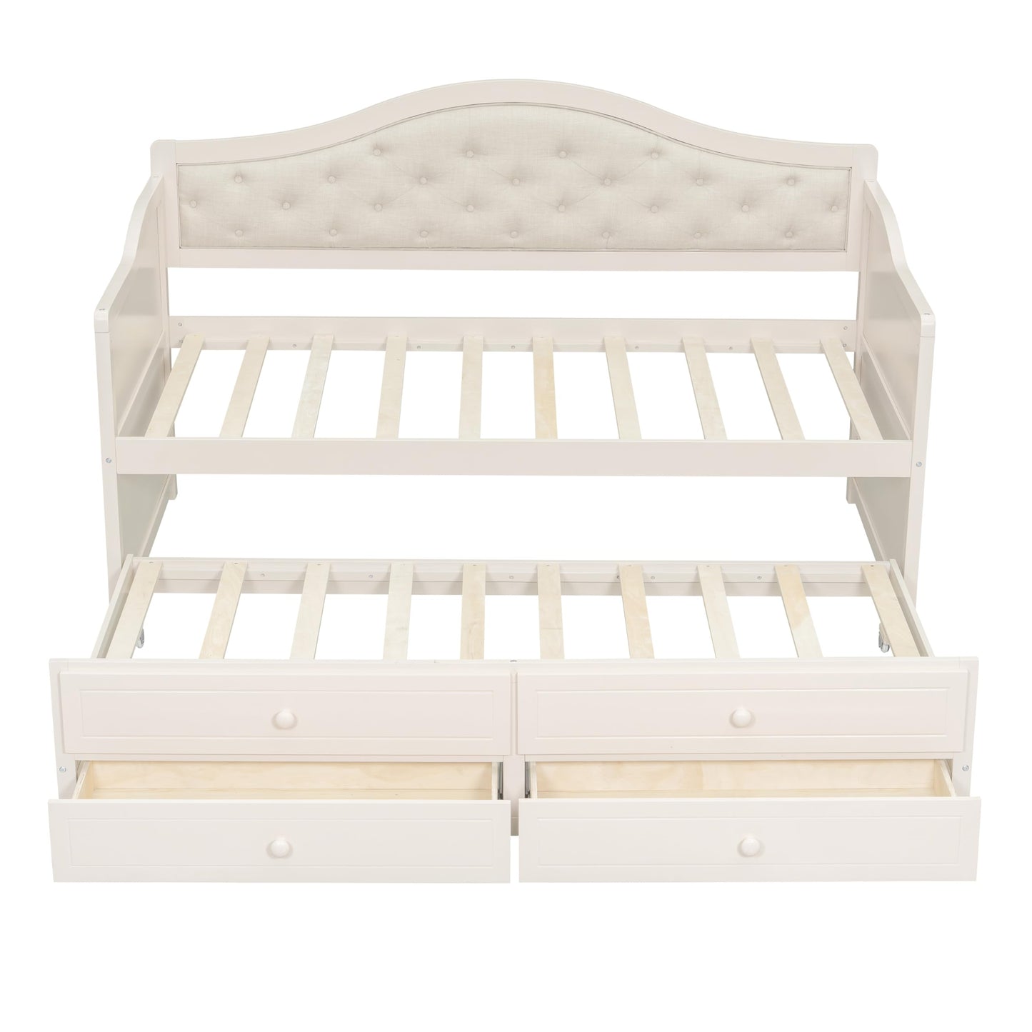 NCKMYB Multifunctional Twin Daybed with Trundle, Wood Sofa Bed with 2 Storage Drawers and Upholstered Back, Space Saving for Small Rooms, Guest Room, Dorm (Beig)