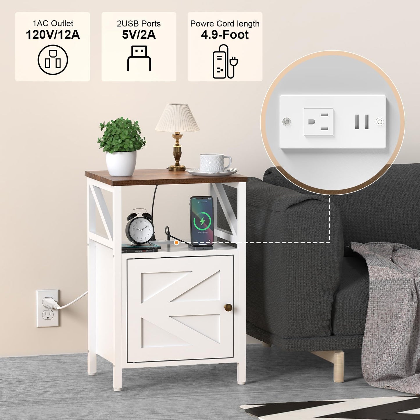 FUNHUKSON Farmhouse 3-Tier End Table with USB Charging Station White