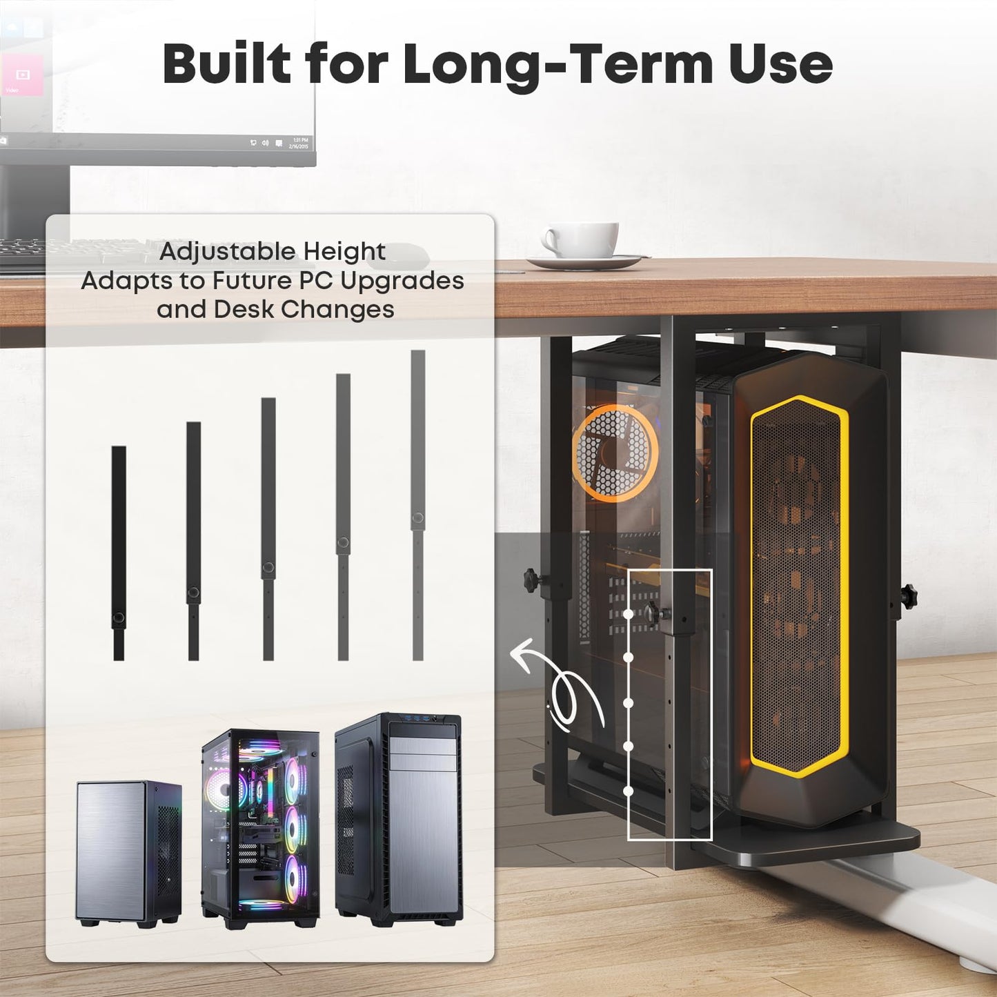 Heavy Duty Under Desk PC Mount with Adjustable Height, Under-Desk Computer CPU Holder for PC Case, Space Saving Desk Mounted Computer Stand, Max Load 66 lbs, Black