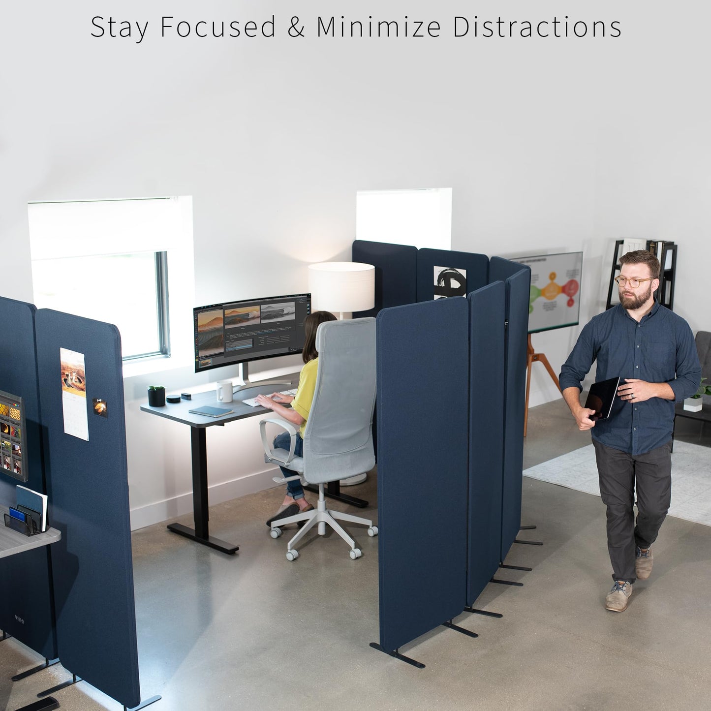 VIVO Freestanding 72 x 66 inch Privacy Panel, Cubicle Divider, Acoustic Wall Partition, x3 24 inch Panels, Navy Blue, PP-3-T072NB