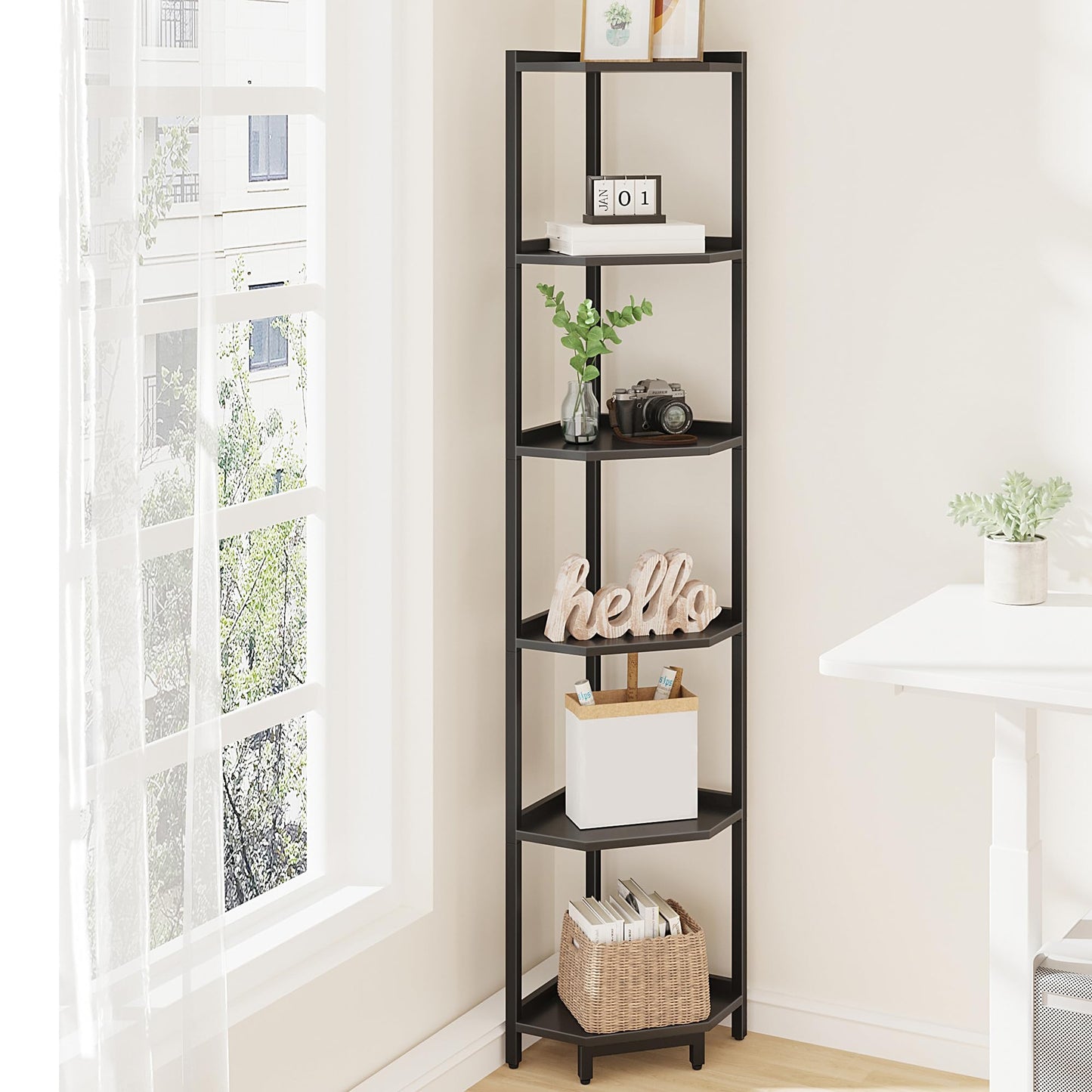 Hzuaneri Corner Shelf Stand, Corner Bookshelf, Storage Standing Shelf Unit with Metal Frame, Plant Stand, Bookcase for Living Room, Home Office, Bedroom, 6-Tier Black CS06006B
